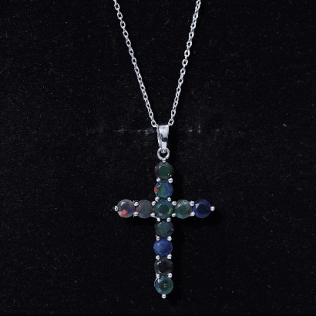Natural Black Opal Cross Pendant Necklace in Silver