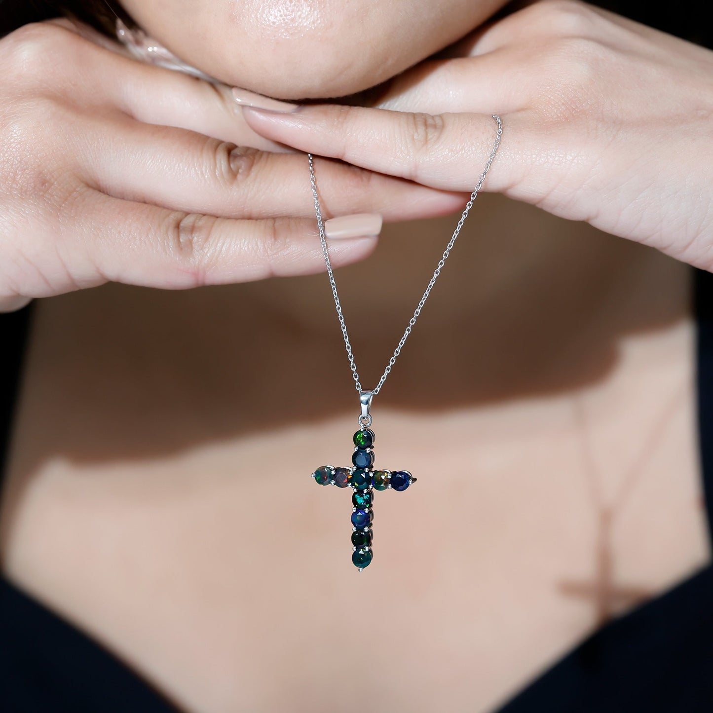 Natural Black Opal Cross Pendant Necklace in Silver
