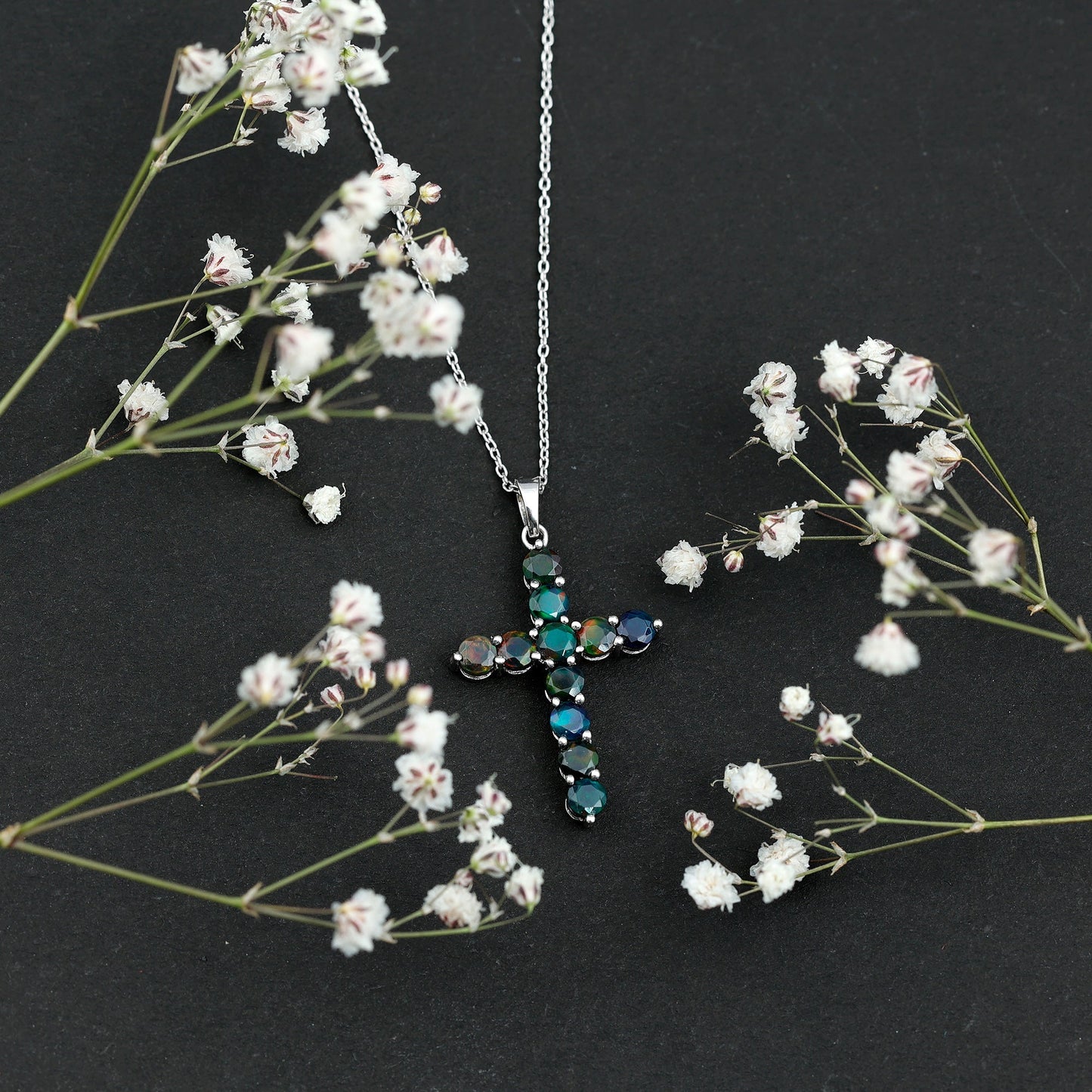 Natural Black Opal Cross Pendant Necklace in Silver