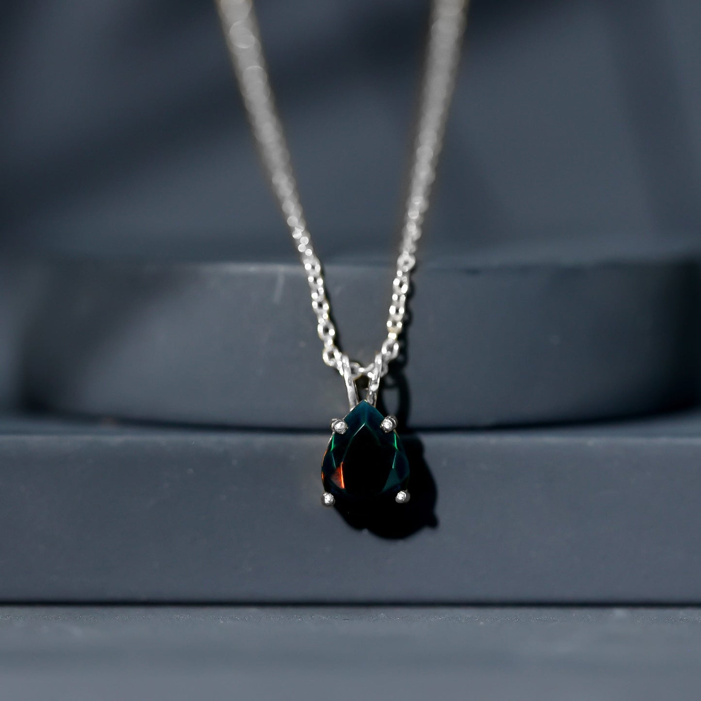 Natural Solitaire Black Opal Teardrop Necklace With Chain