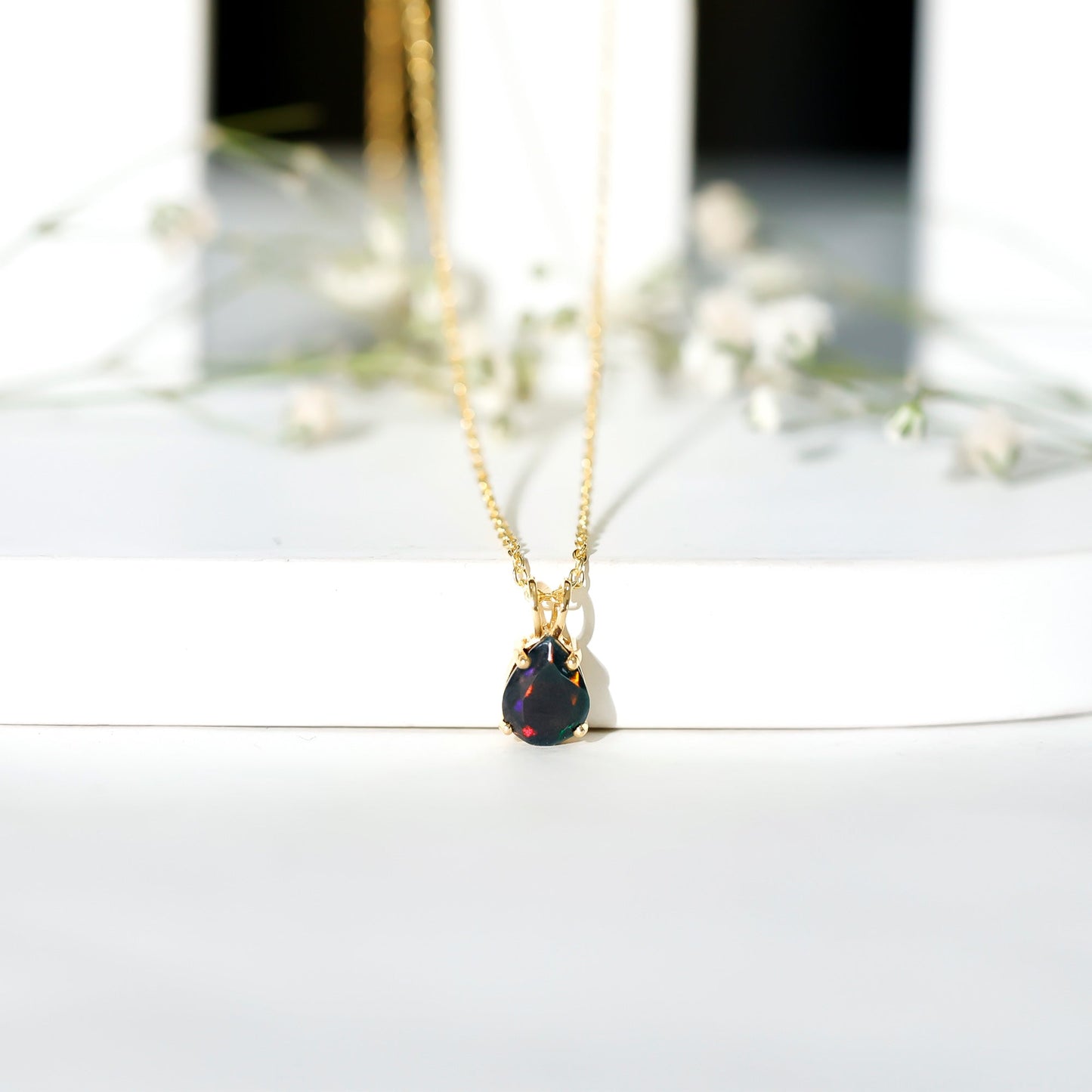 Natural Solitaire Black Opal Teardrop Necklace With Chain