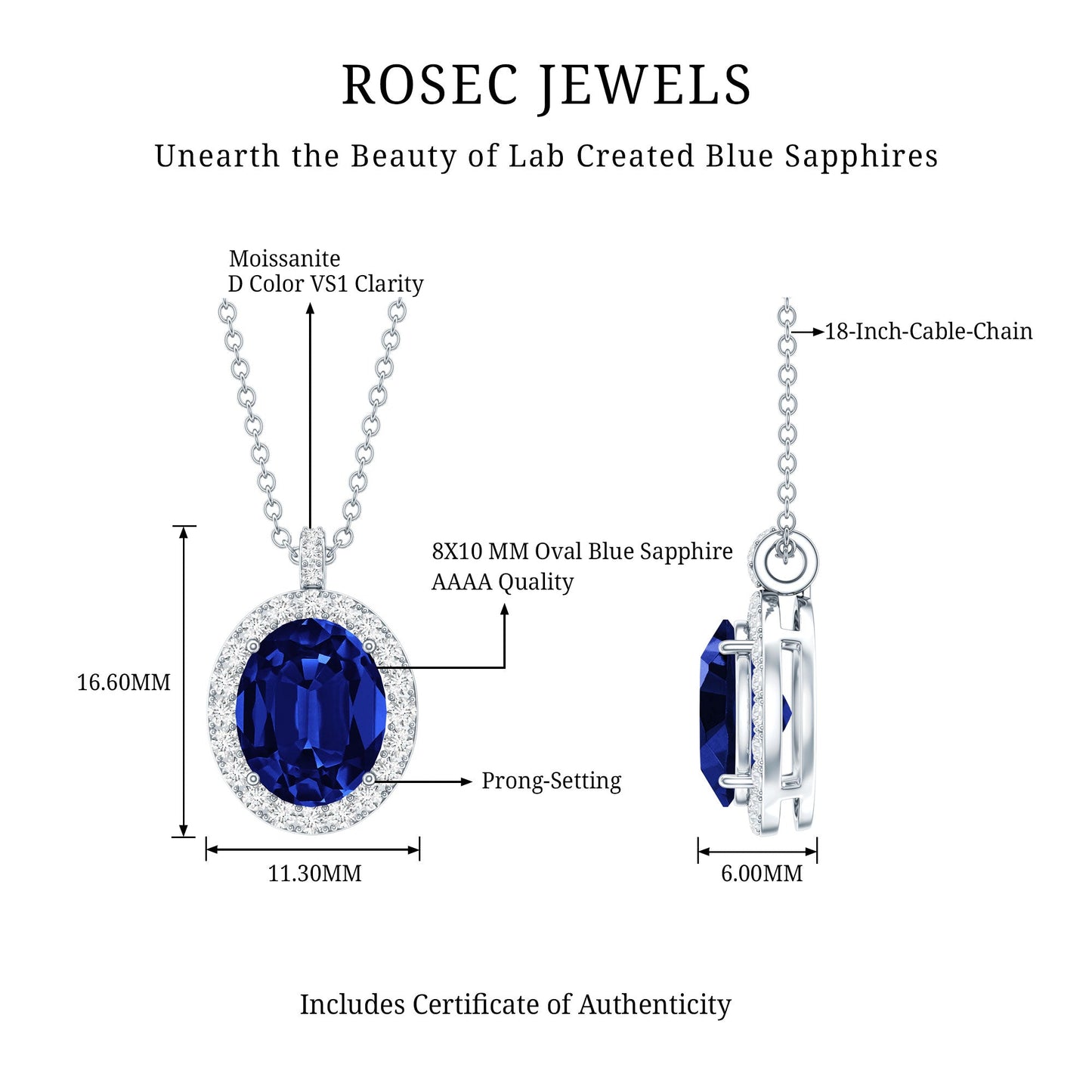 Certified 4 Carat Oval Lab Grown Blue Sapphire Bridal Necklace with Silver Chain