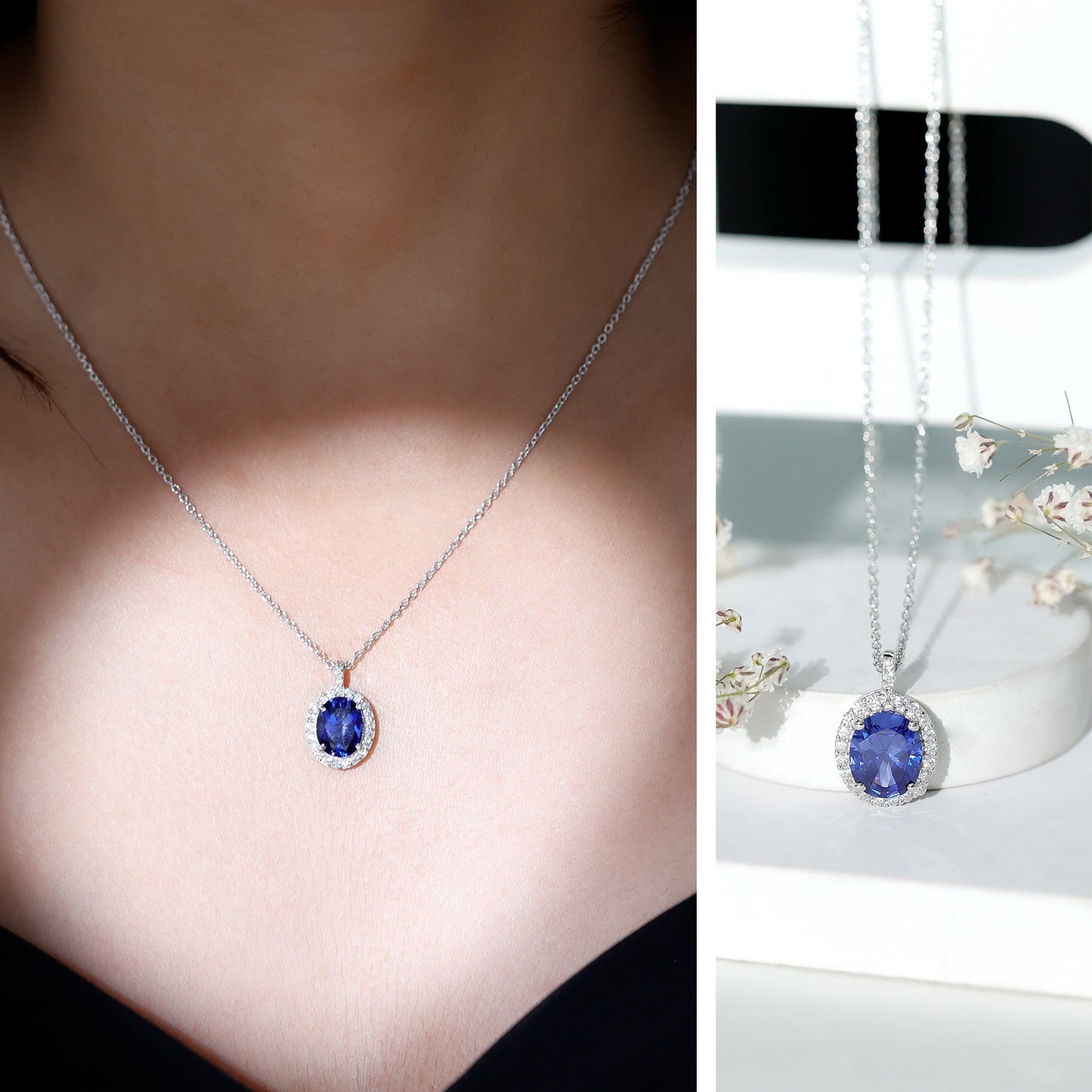 Certified 4 Carat Oval Lab Grown Blue Sapphire Bridal Necklace with Silver Chain