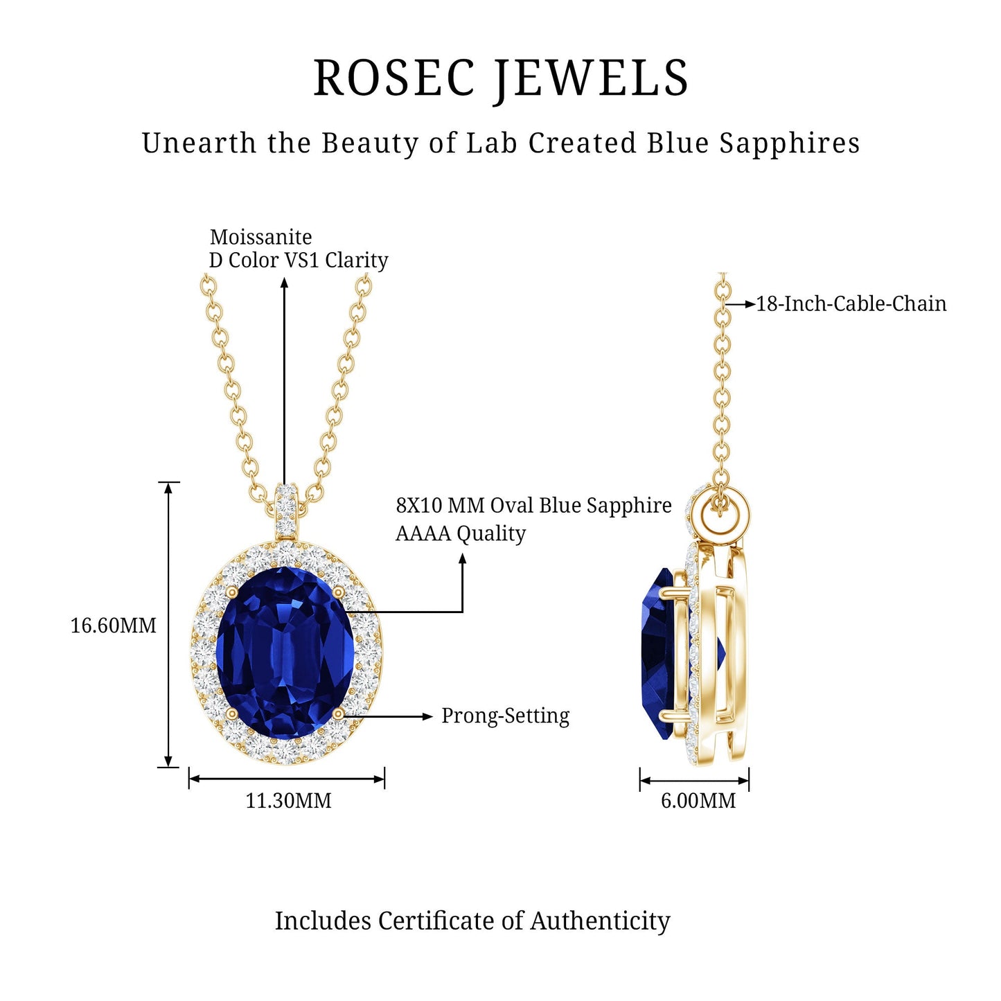 Oval Cut Created Blue Sapphire Statement Necklace With Chain