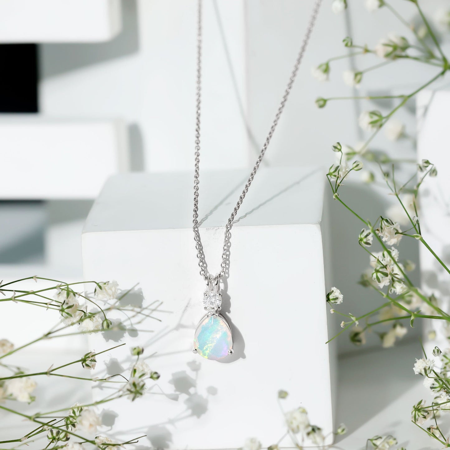 Real Ethiopian Opal Teardrop Necklace with Moissanite
