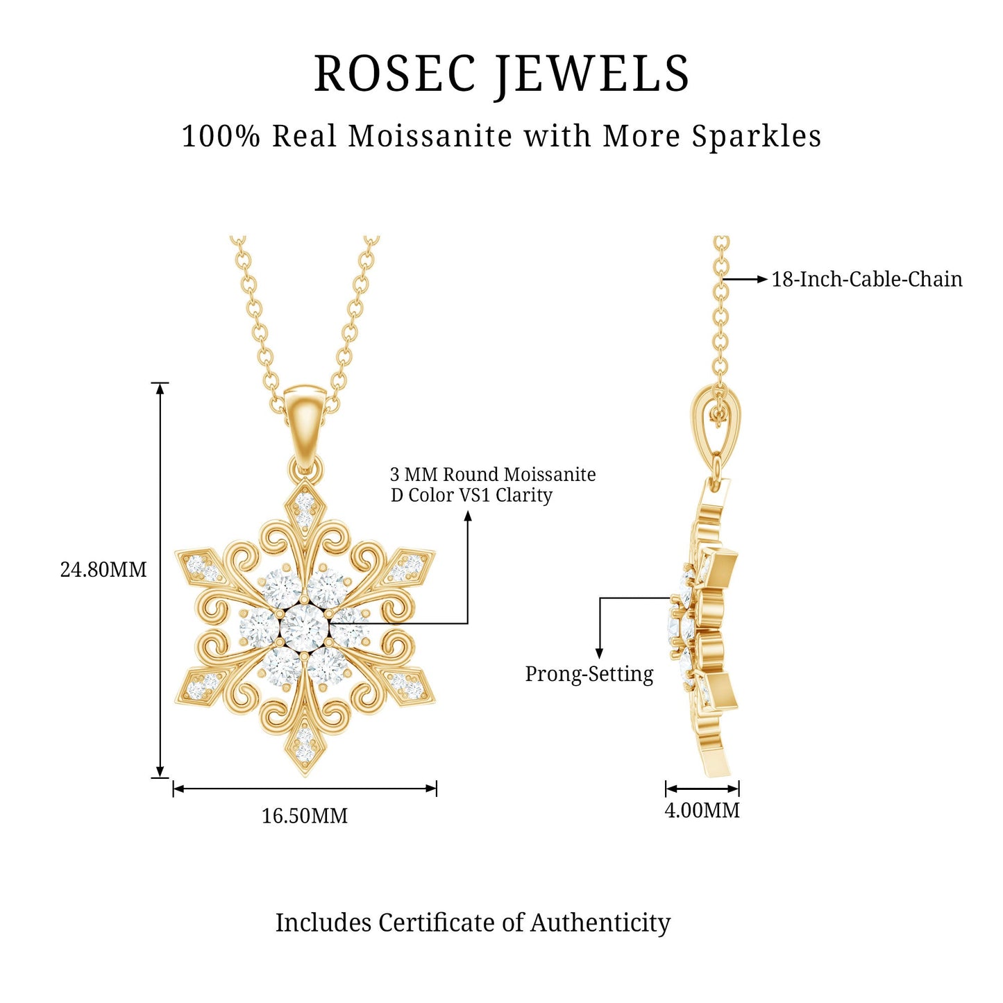 Vintage Inspired Moissanite Snowflake Pendant Necklace