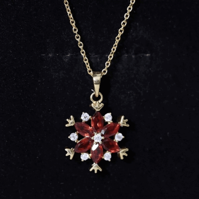 Real Garnet Flower Pendant Necklace in Yellow Gold Plated Silver