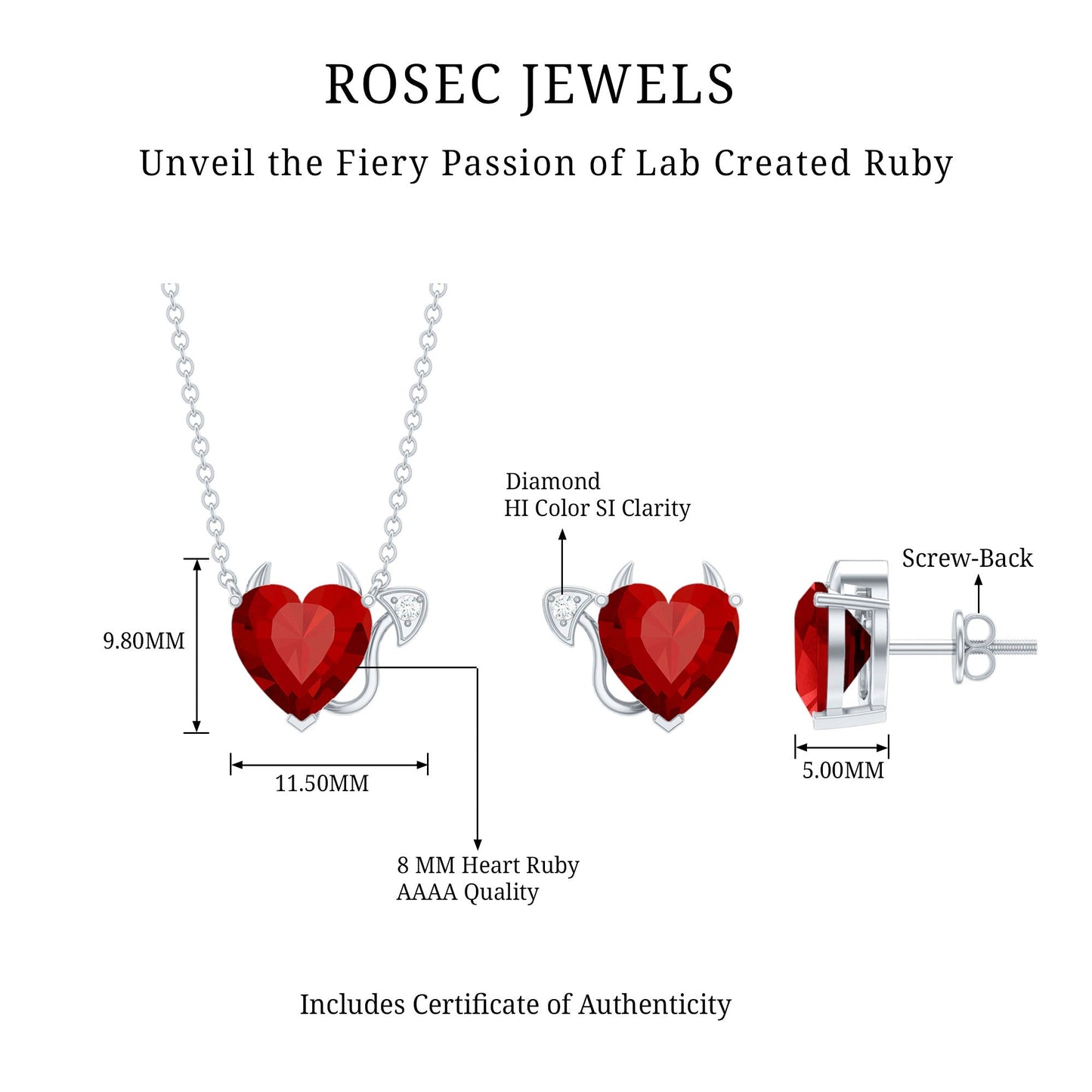 Lab Grown Ruby Heart Necklace And Earrings Set With Diamond