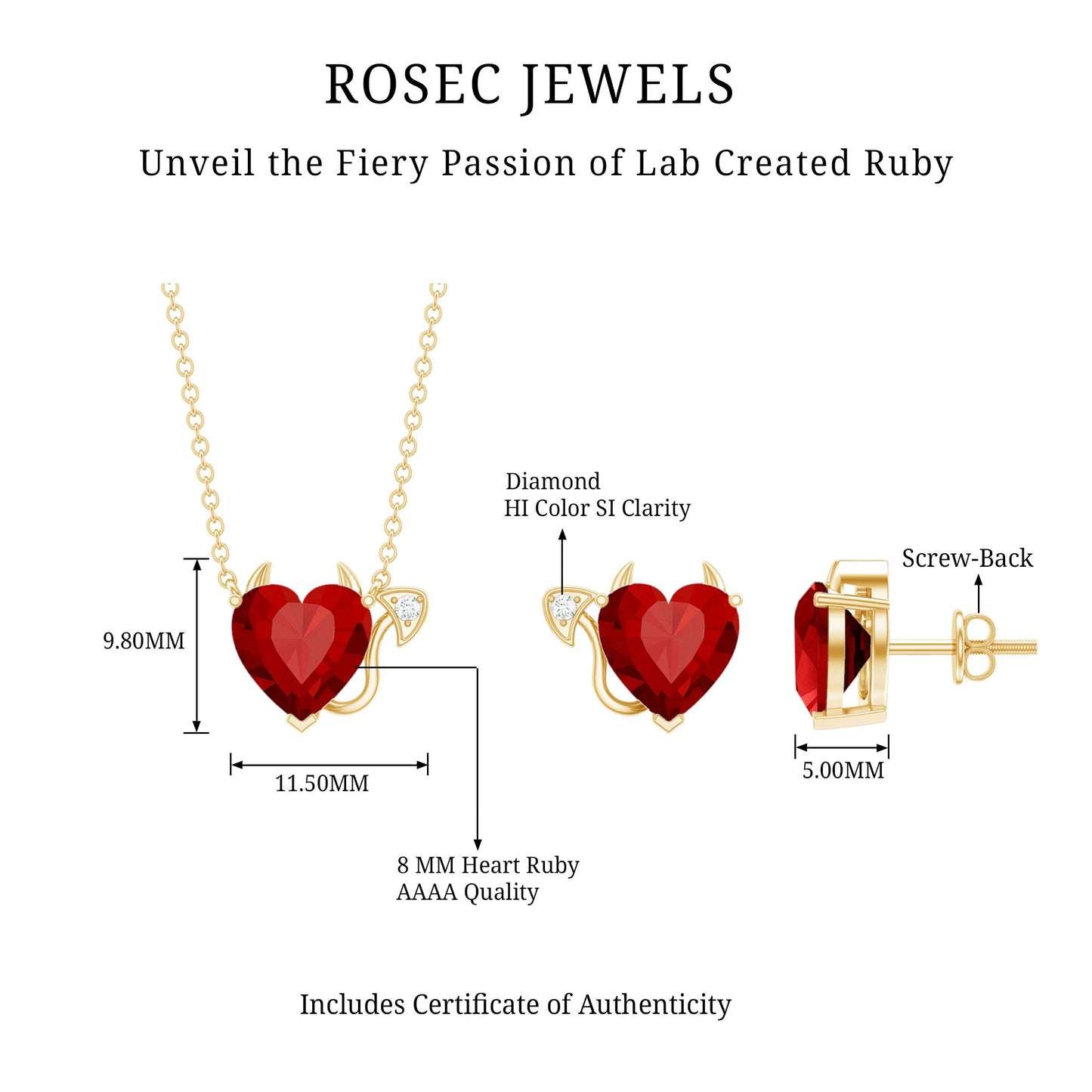 Lab Grown Ruby Heart Necklace And Earrings Set With Diamond