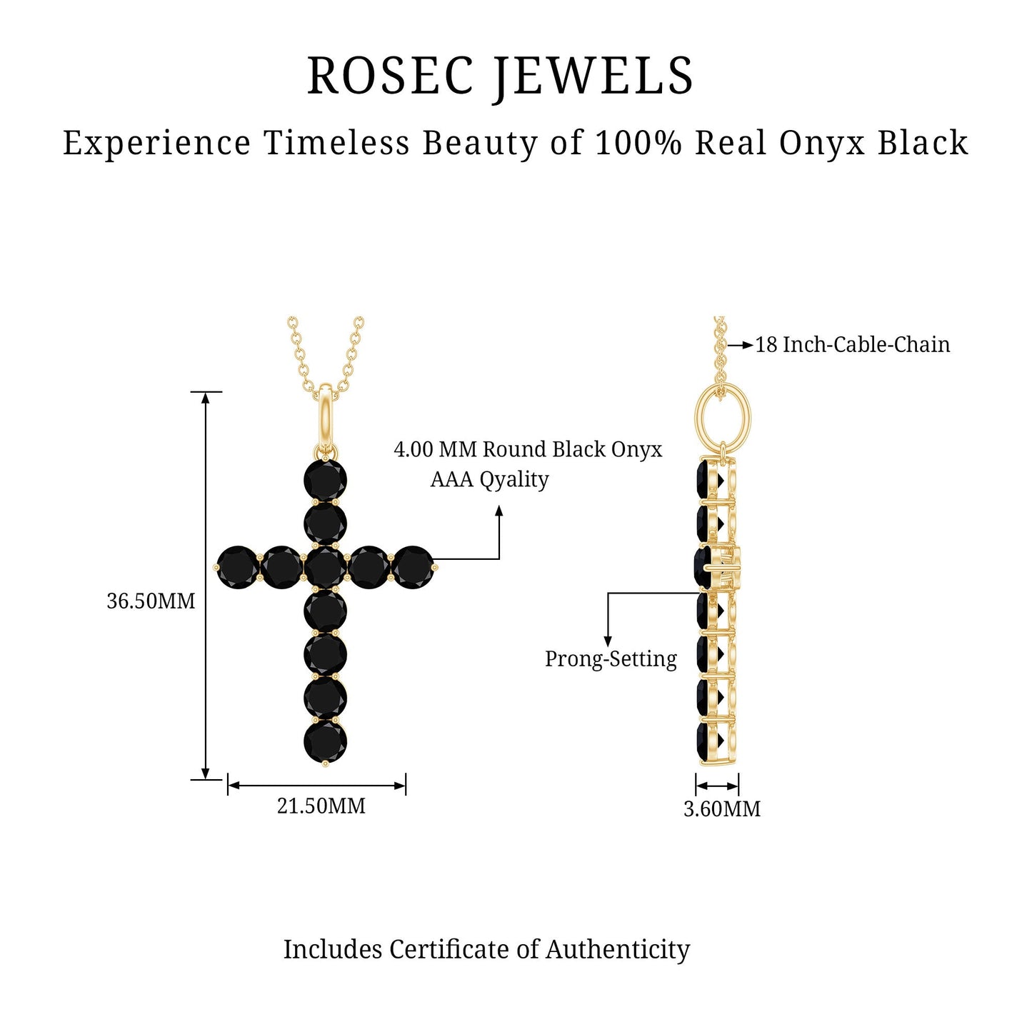 Natural Black Onyx Cross Pendant Necklace for Women