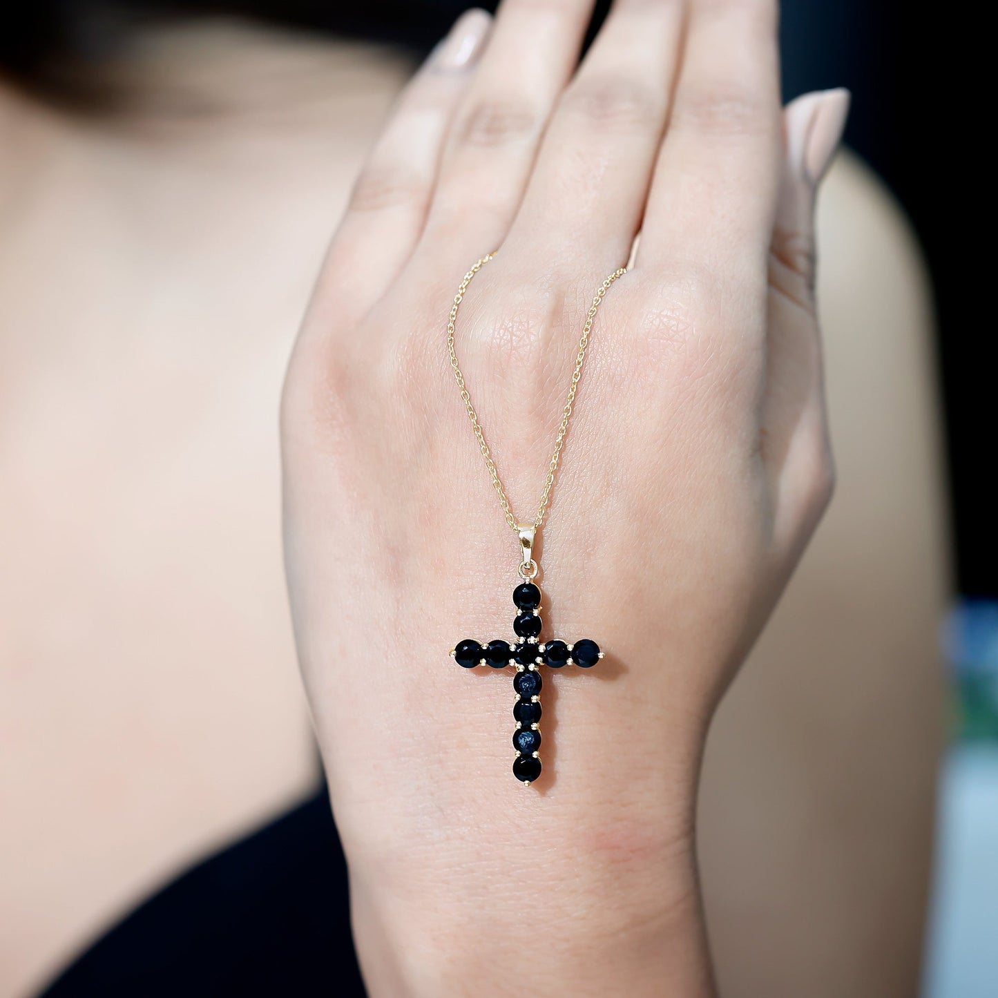 Natural Black Onyx Cross Pendant Necklace for Women