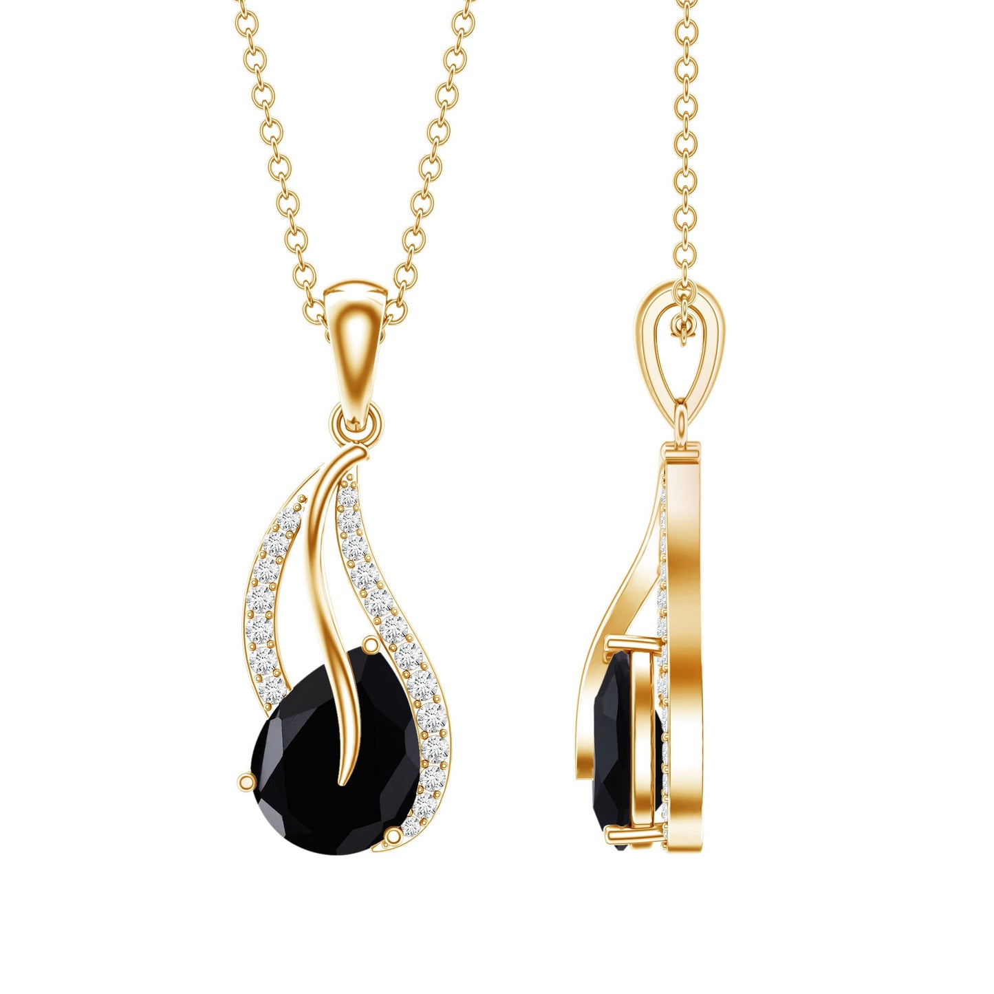 Pear Shaped Black Onyx and Diamond Leaf Pendant Necklace