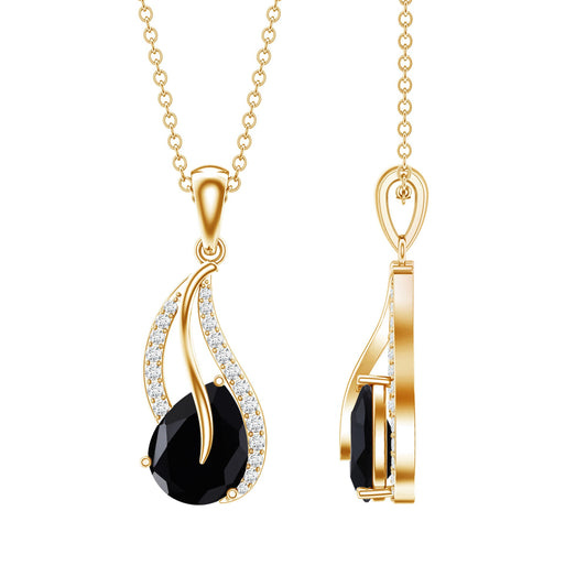 Pear Shaped Black Onyx and Diamond Leaf Pendant Necklace