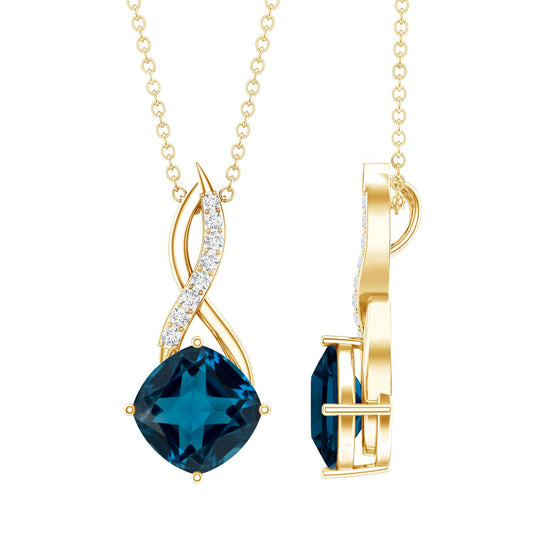 2.8 Carat Cushion Cut London Blue Topaz Infinity Pendant with Diamond