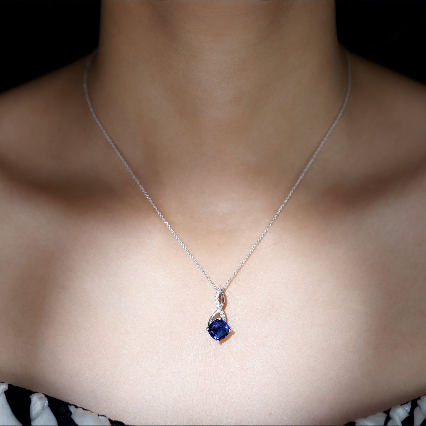 2.7 Carat Cushion Cut Lab Created Blue Sapphire Diamond Infinity Necklace