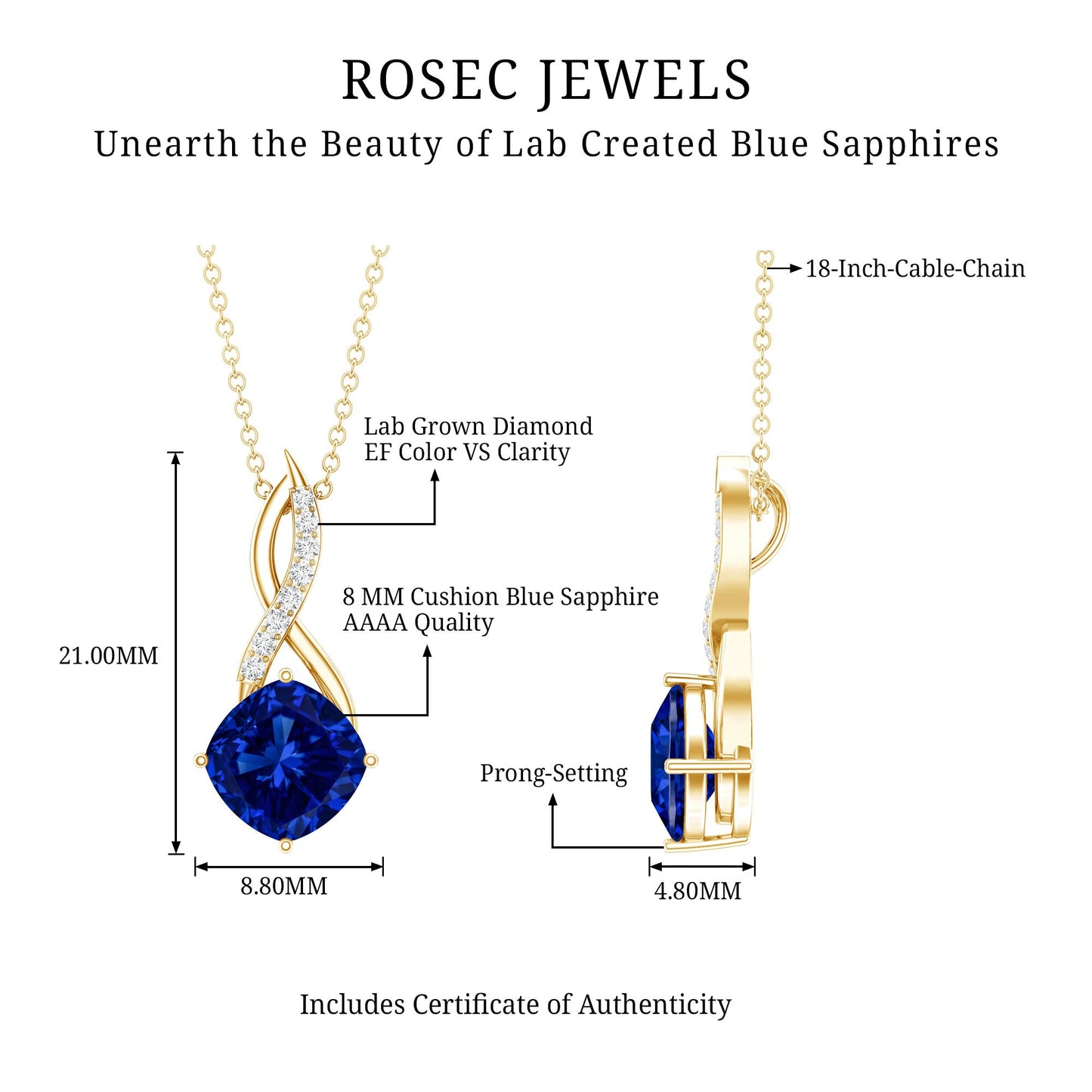 2.7 Carat Cushion Cut Lab Created Blue Sapphire Diamond Infinity Necklace