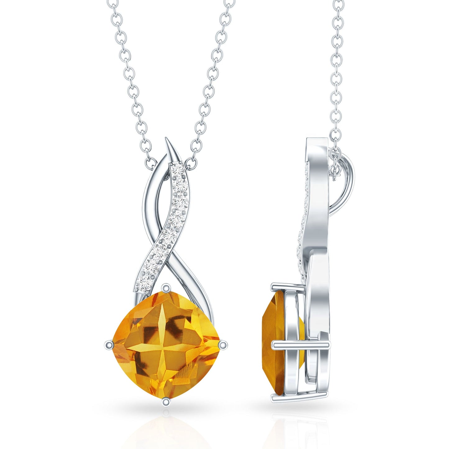 Natural 2.23 Carat Cushion Cut Citrine Infinity Pendant Necklace with Diamond