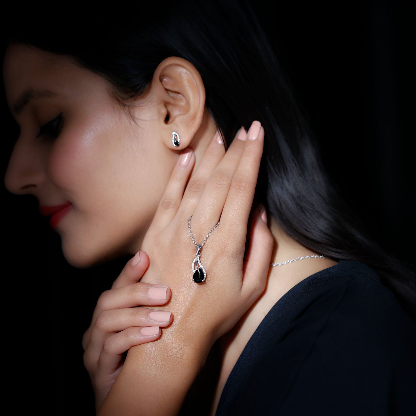 Pear Shaped Black Onyx Necklace and Earrings Set with Moissanite