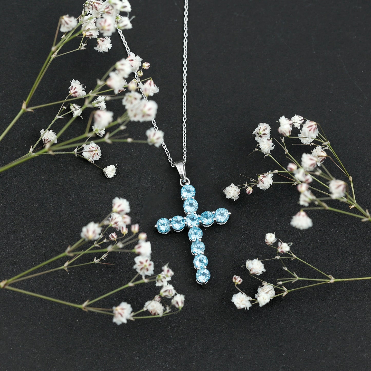Natural Swiss Blue Topaz Cross Pendant Necklace with Silver Chain
