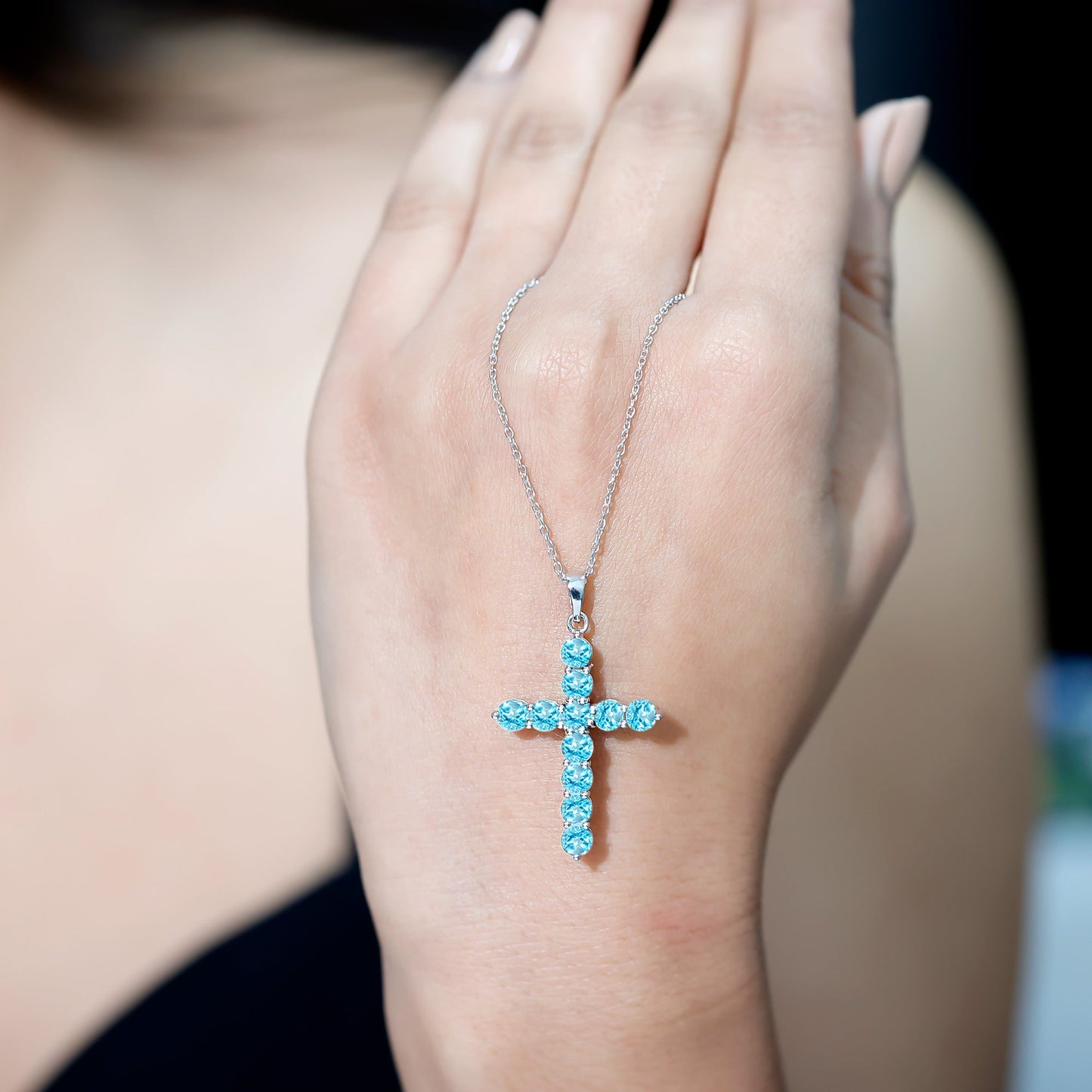 Natural Swiss Blue Topaz Cross Pendant Necklace with Silver Chain