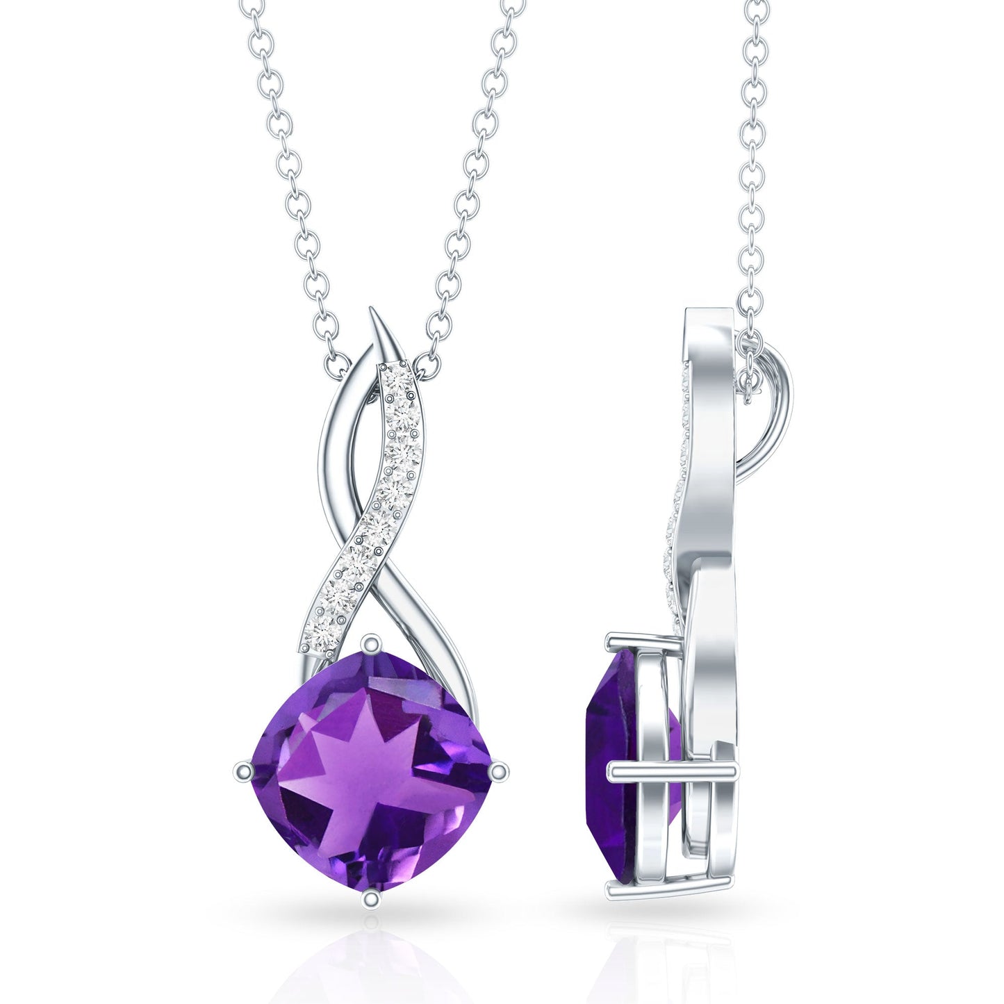 Natural 2 Carat Cushion Cut Amethyst Infinity Necklace with Diamond