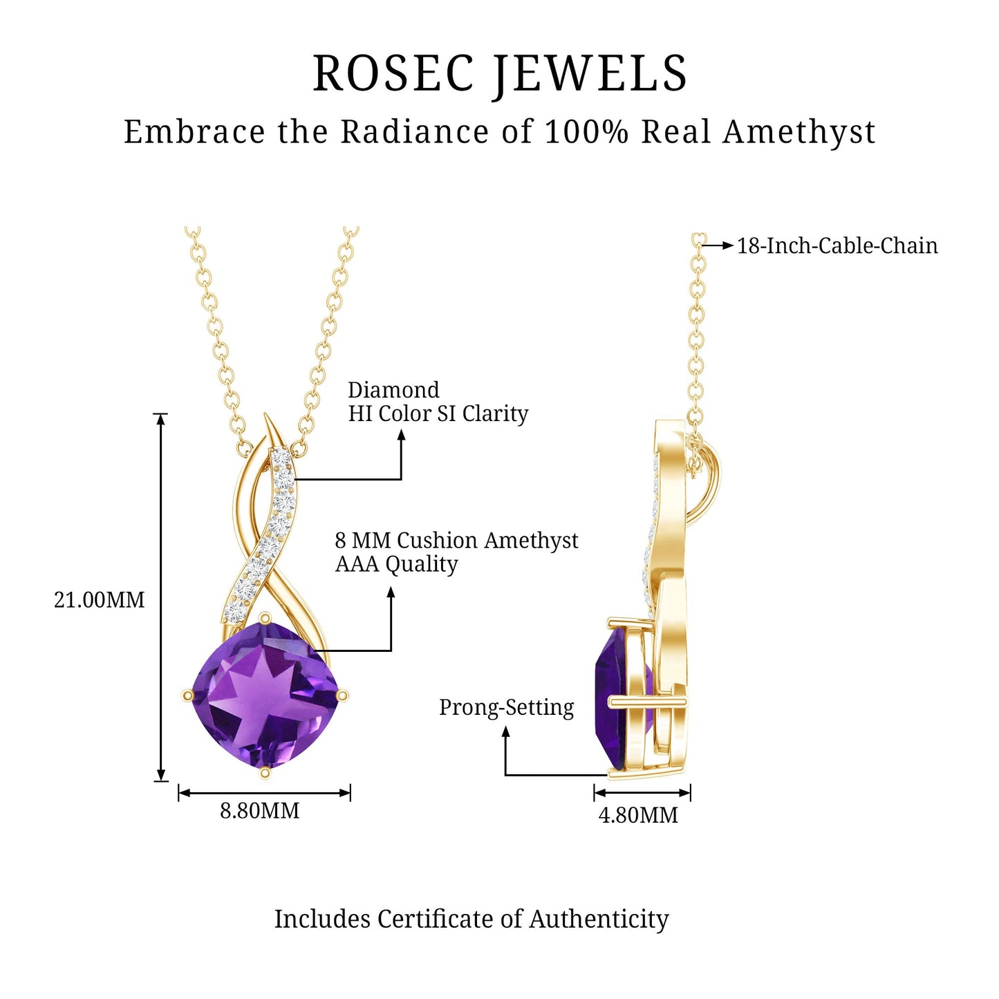 Natural 2 Carat Cushion Cut Amethyst Infinity Necklace with Diamond