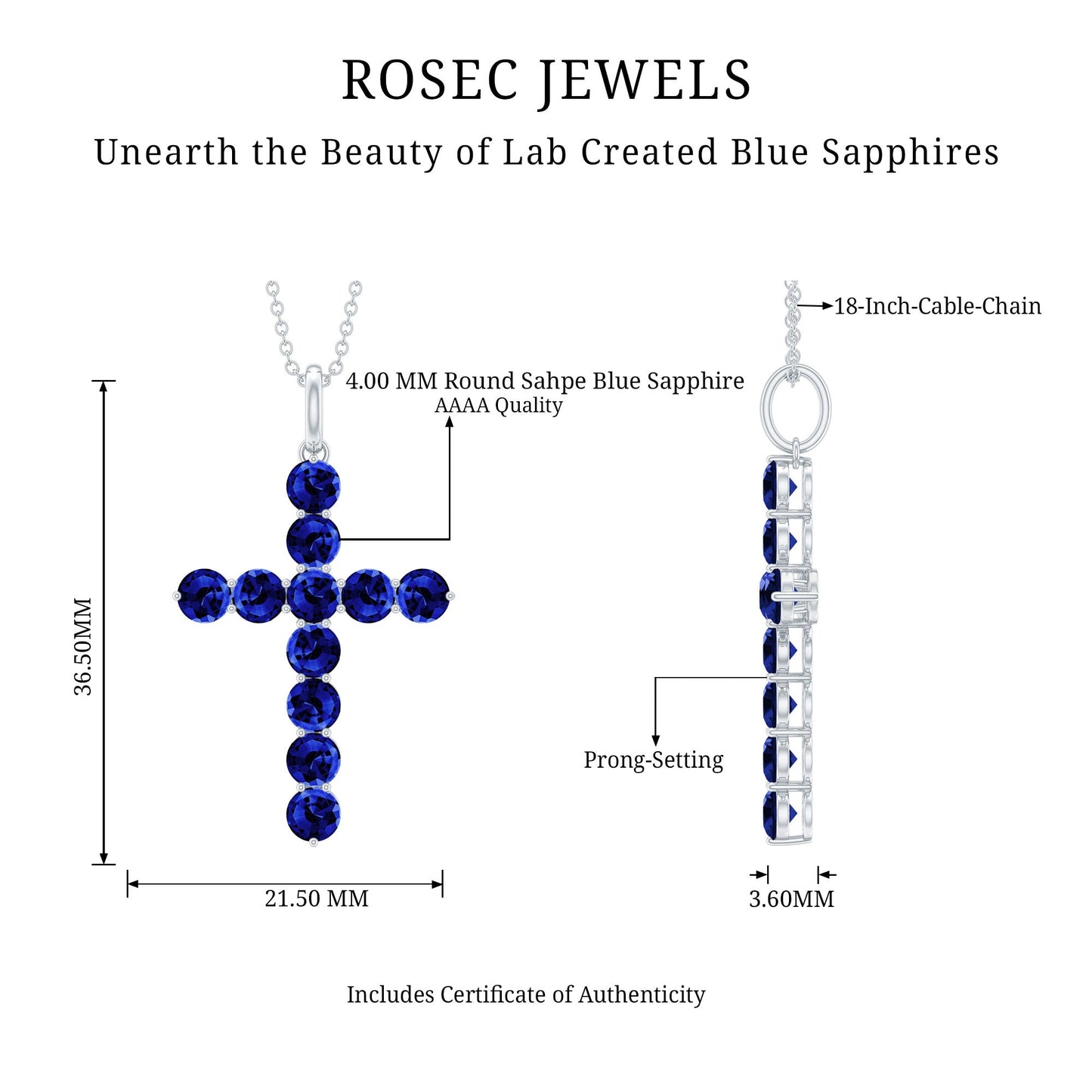 Simple Created Blue Sapphire Cross Pendant Necklace
