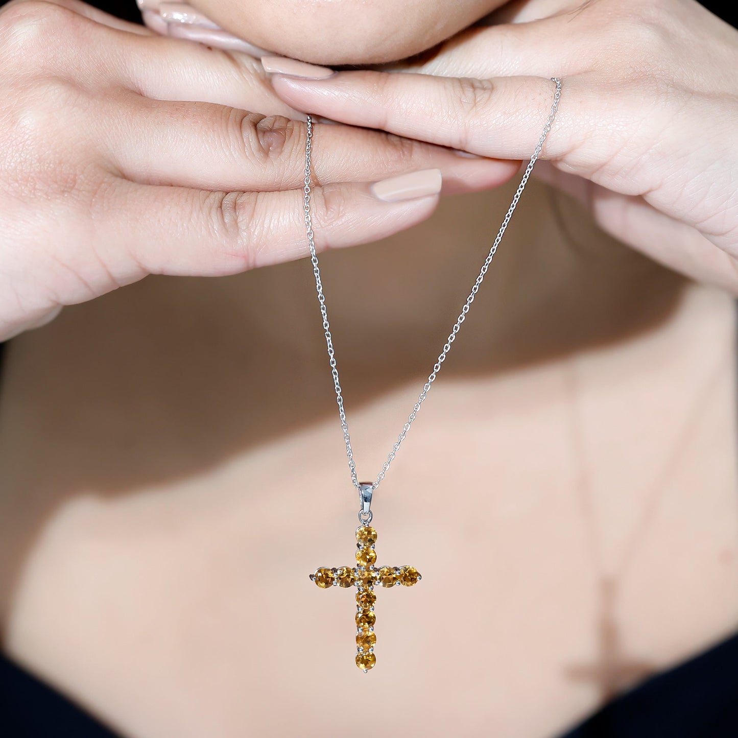 Natural Citrine Silver Cross Necklace with Chain