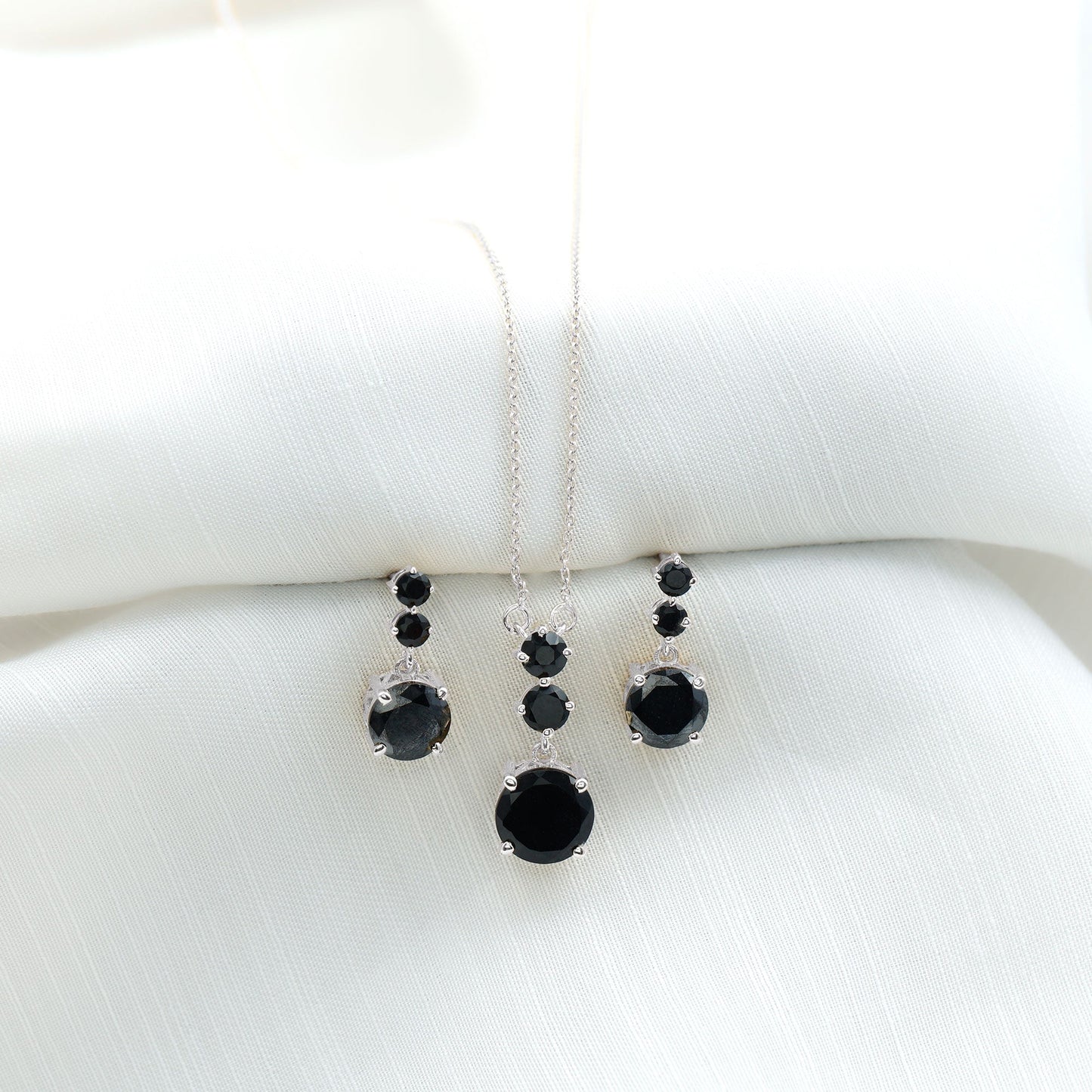 Genuine Black Onyx Three Stone Necklace With Earrings