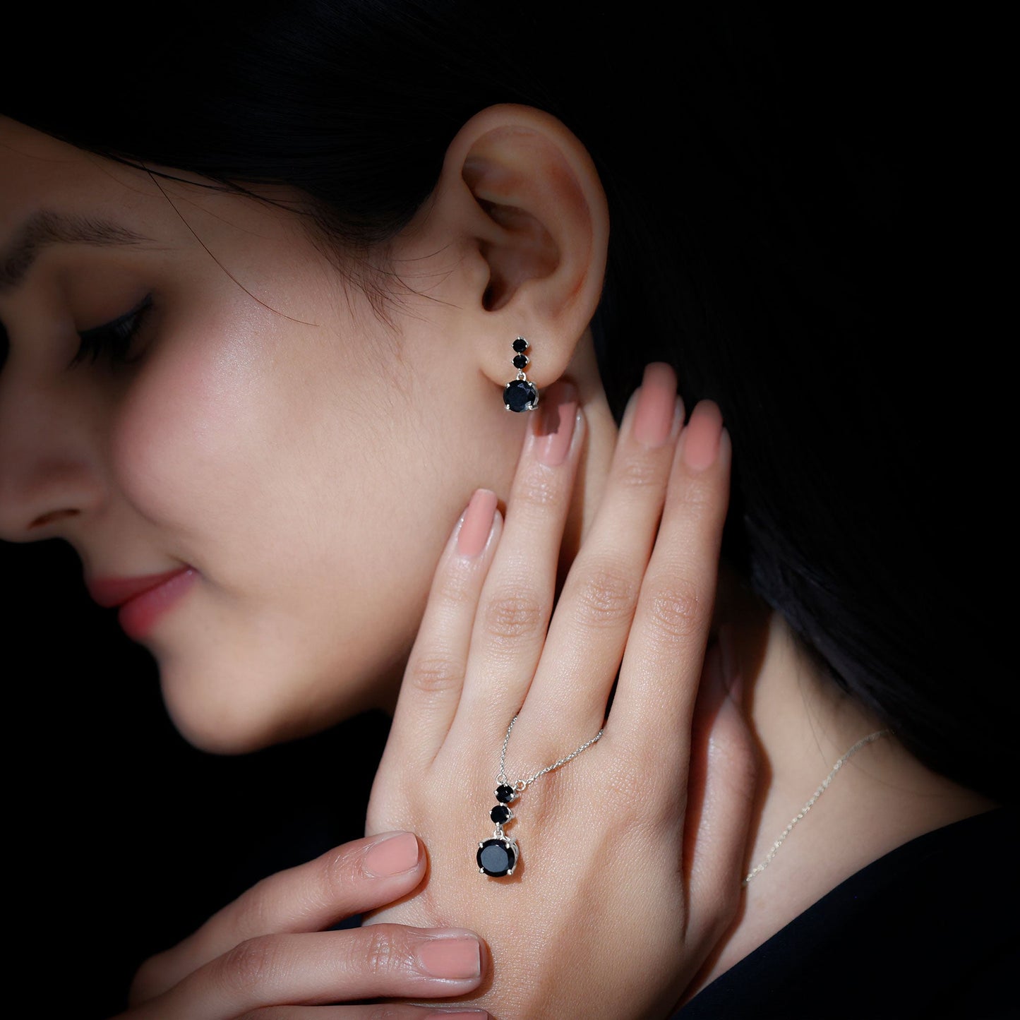 Genuine Black Onyx Three Stone Necklace With Earrings