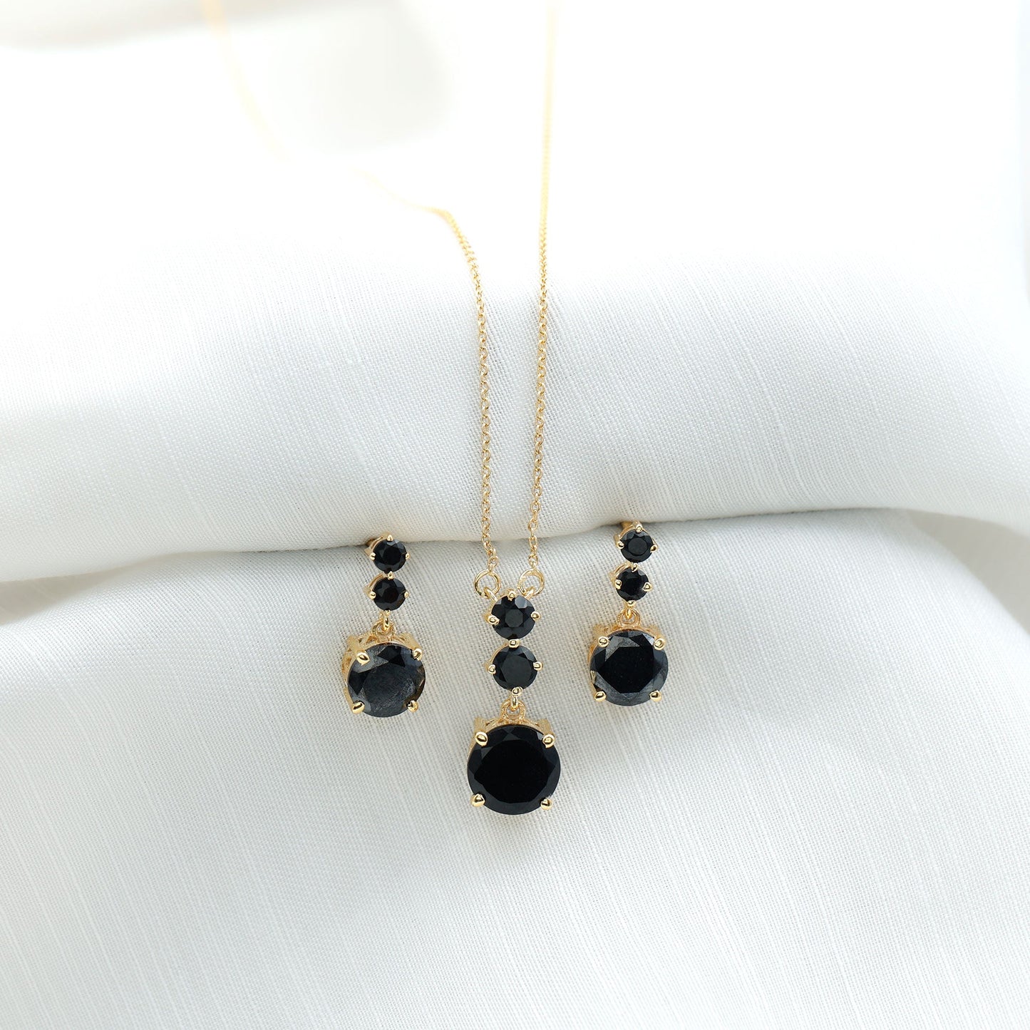 Genuine Black Onyx Three Stone Necklace With Earrings