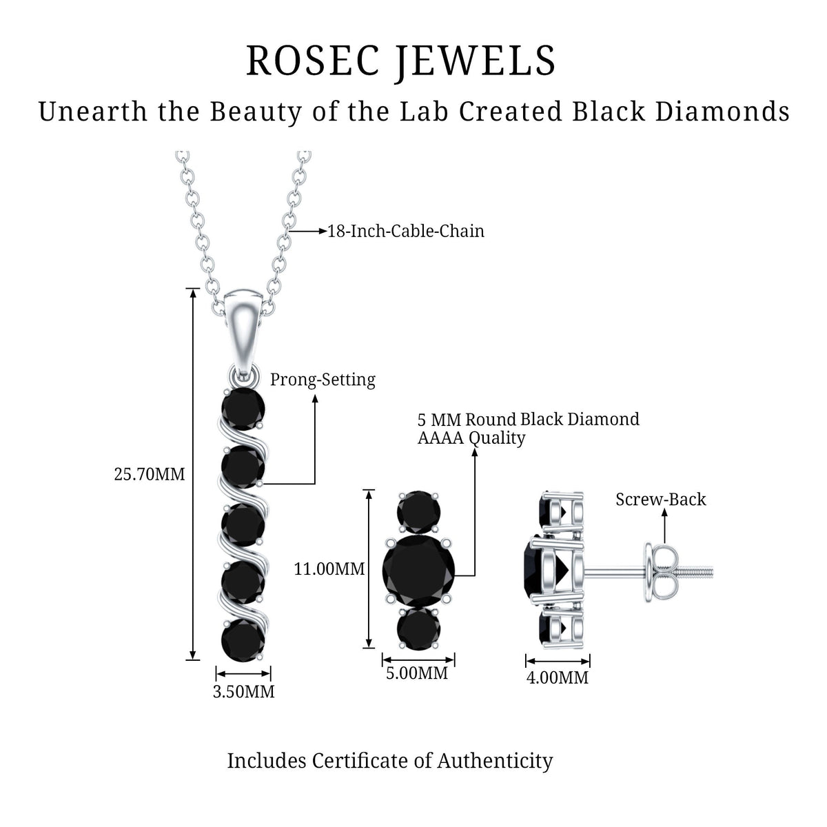 Lab Grown Black Diamond Bar Necklace and Earrings Set
