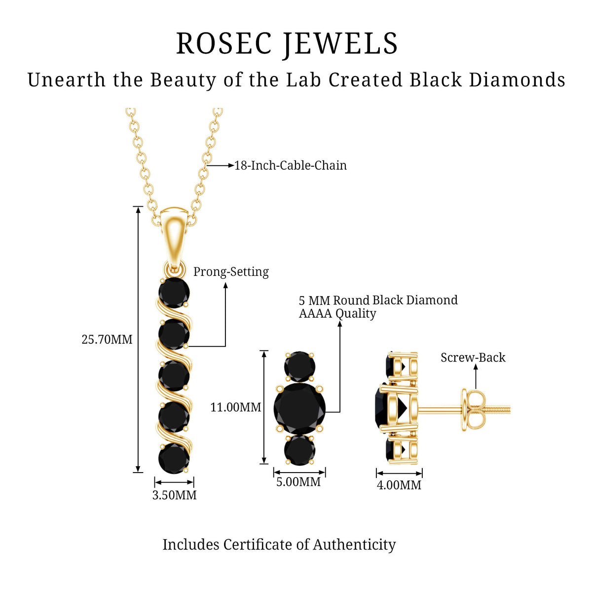 Lab Grown Black Diamond Bar Necklace and Earrings Set