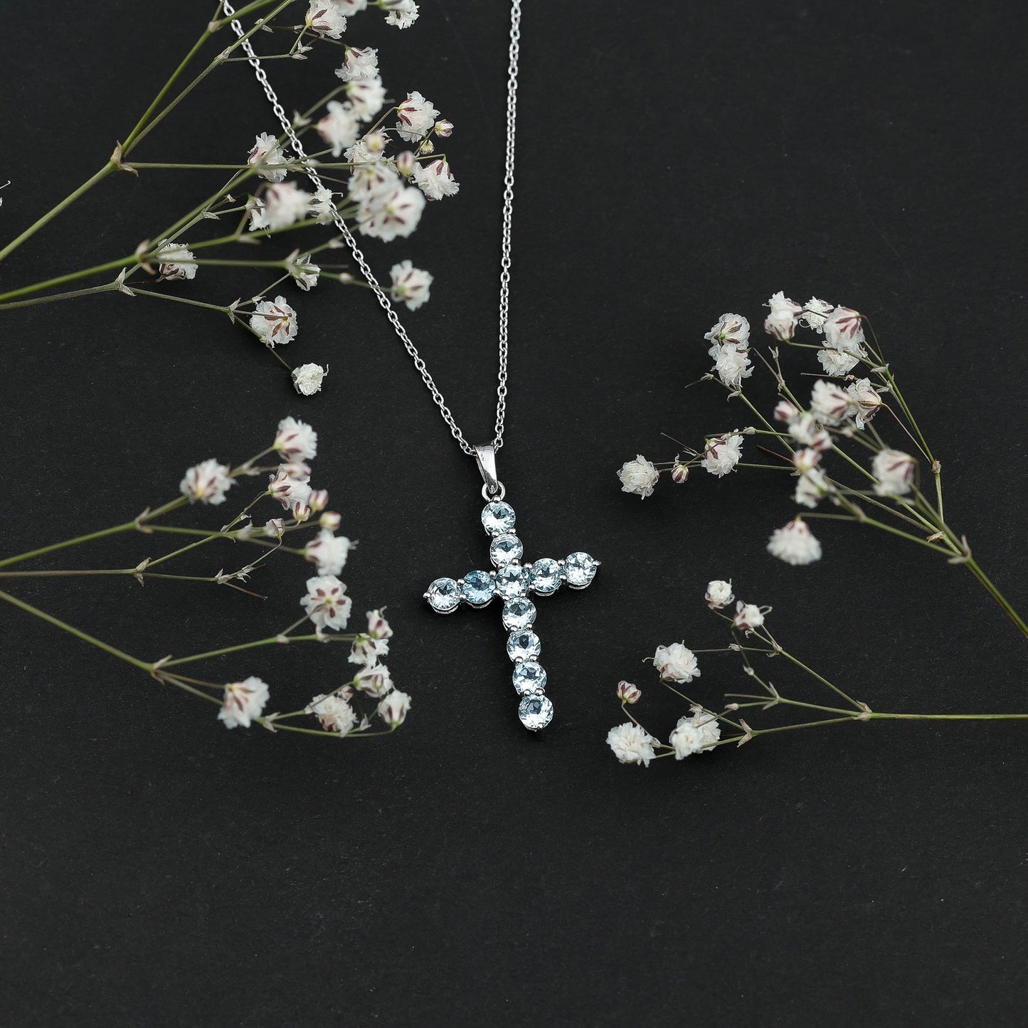 Womens Cross Necklace with Sky Blue Topaz