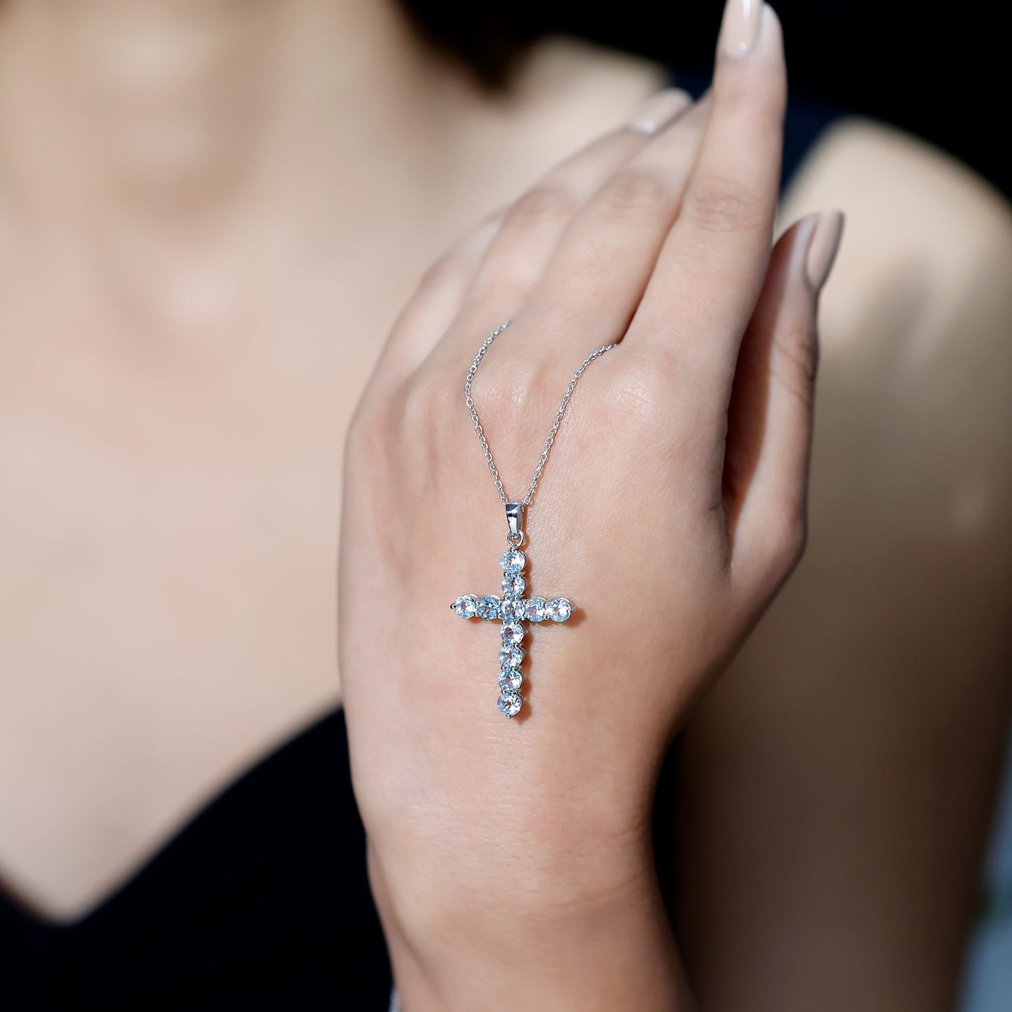 Womens Cross Necklace with Sky Blue Topaz
