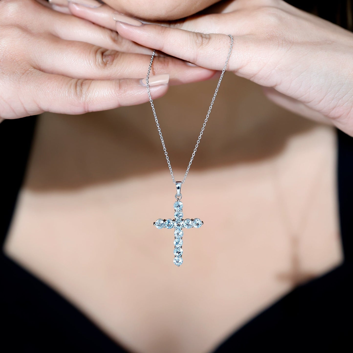 Womens Cross Necklace with Sky Blue Topaz