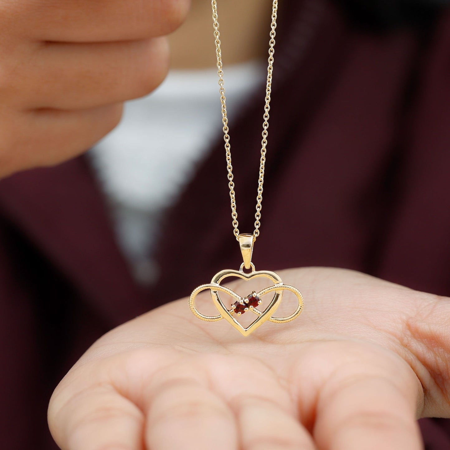 Natural Garnet Heart Infinity Necklace and Earrings Set