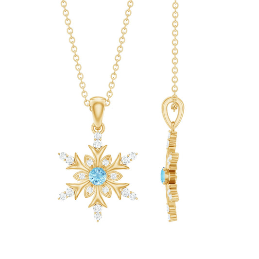 Aquamarine and Diamond Designer Snowflake Necklace With Chain
