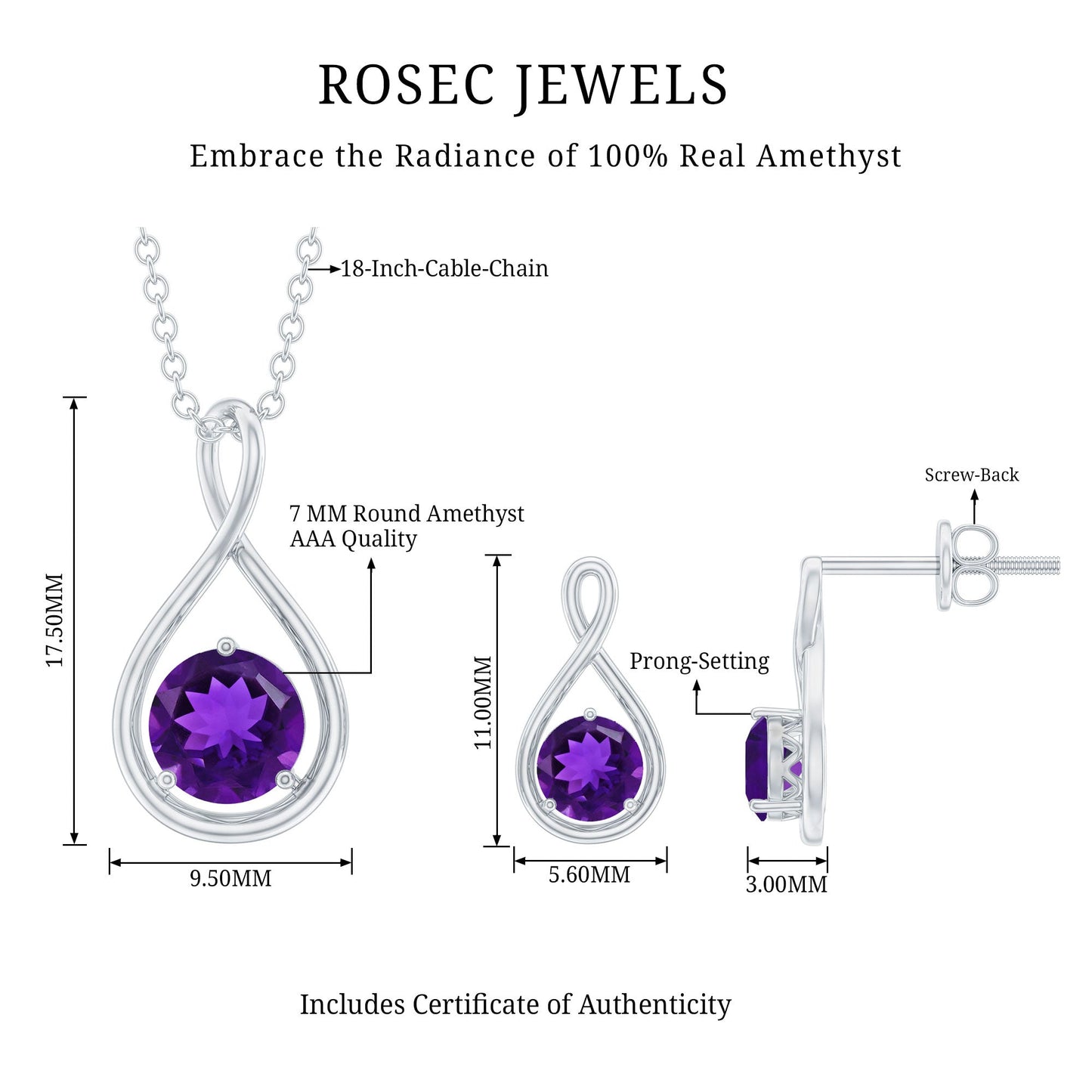 Real Amethyst Infinity Necklace and Earrings Set for Women