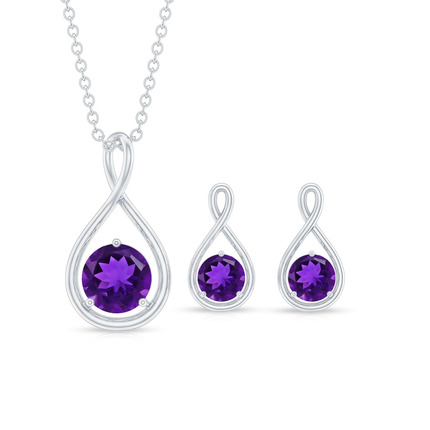 Real Amethyst Infinity Necklace and Earrings Set for Women