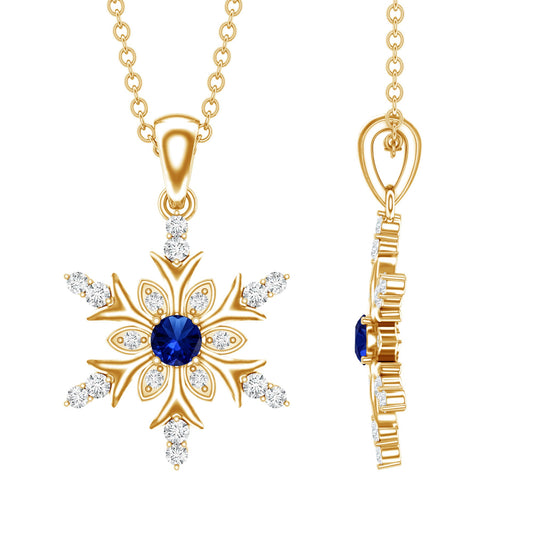 Lab Created Blue Sapphire Designer Snowflake Pendant with Diamond