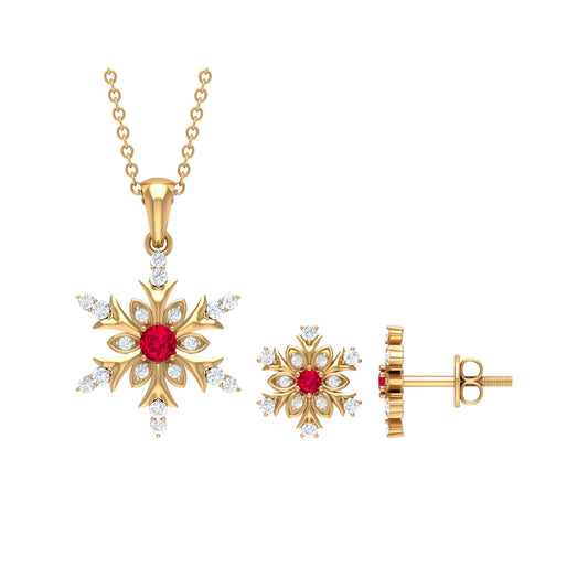 Lab Grown Ruby and Diamond Snowflake Necklace With Earrings