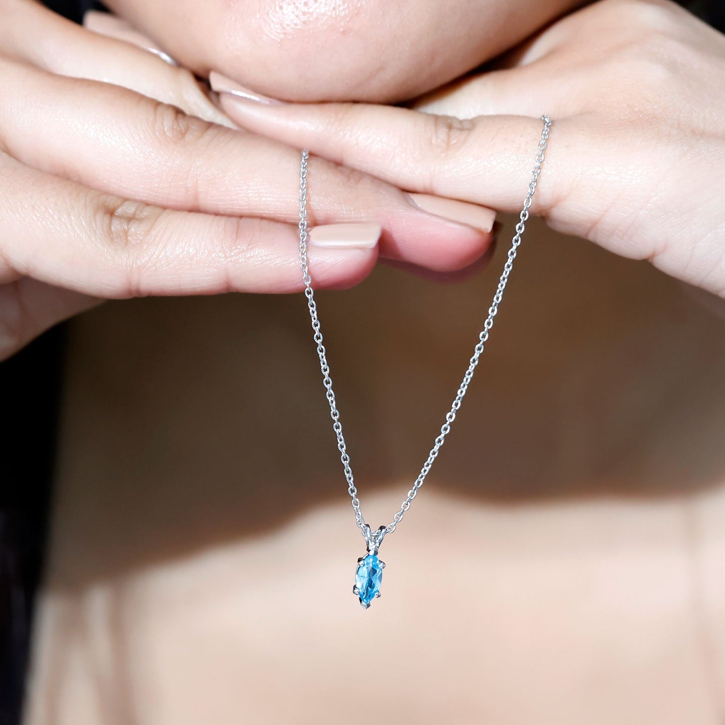 Real 0.7 Carat Marquise Swiss Blue Topaz Solitaire Pendant with Silver Chain