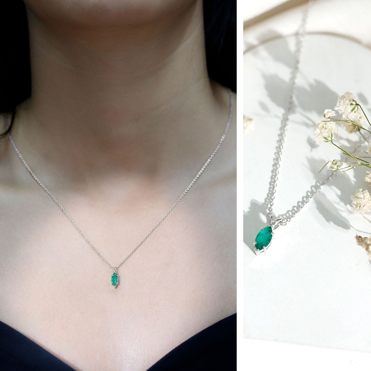 Marquise Cut Emerald Solitaire Pendant Necklace