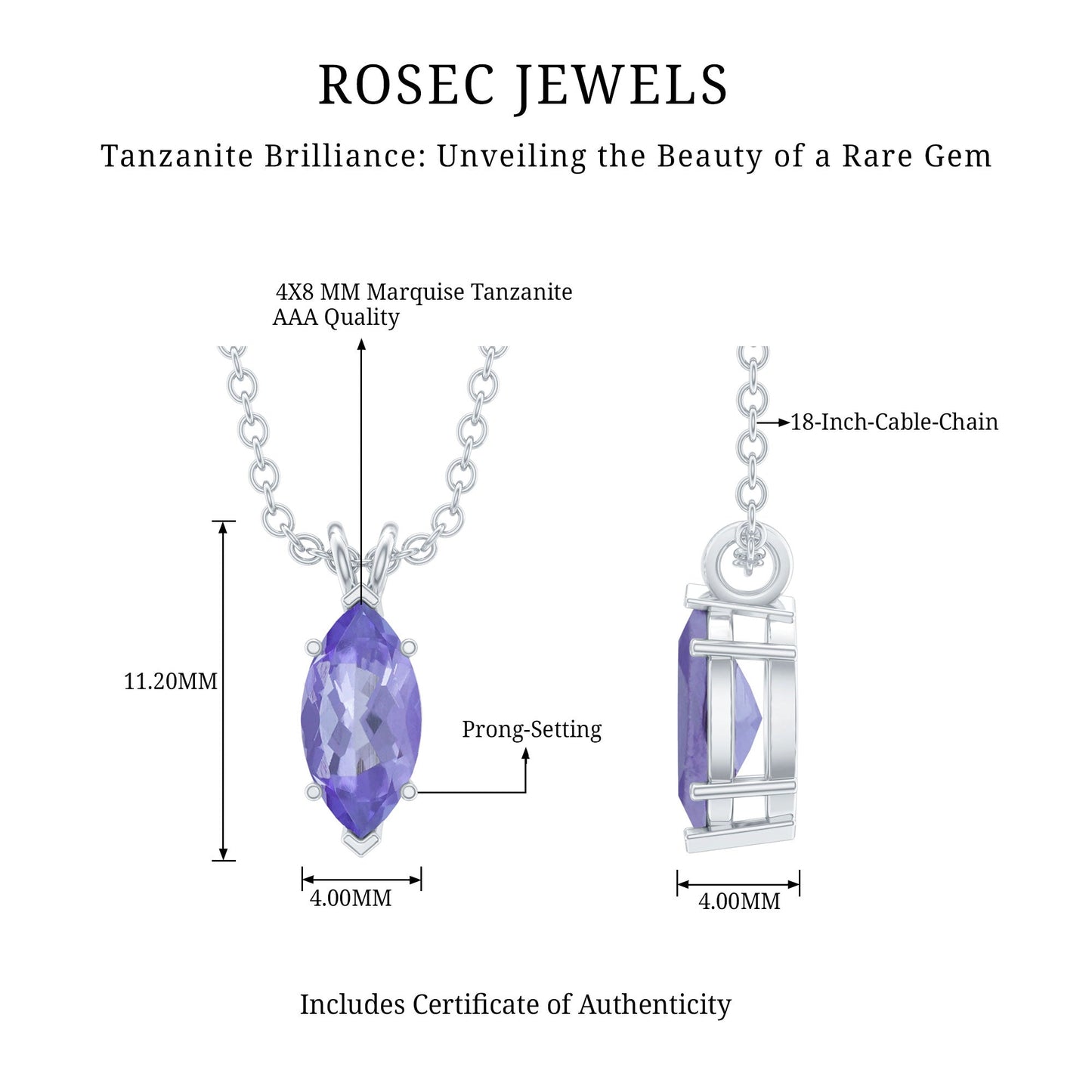 Natural 0.6 Carat Marquise Tanzanite Pendant Necklace with Silver Chain