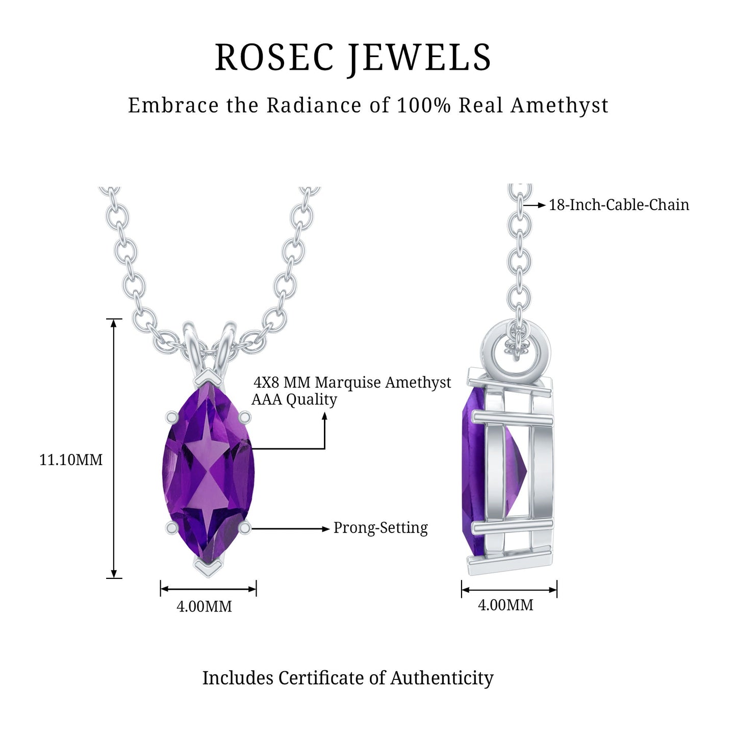 Genuine Marquise Cut Amethyst Solitaire Necklace with Silver Chain