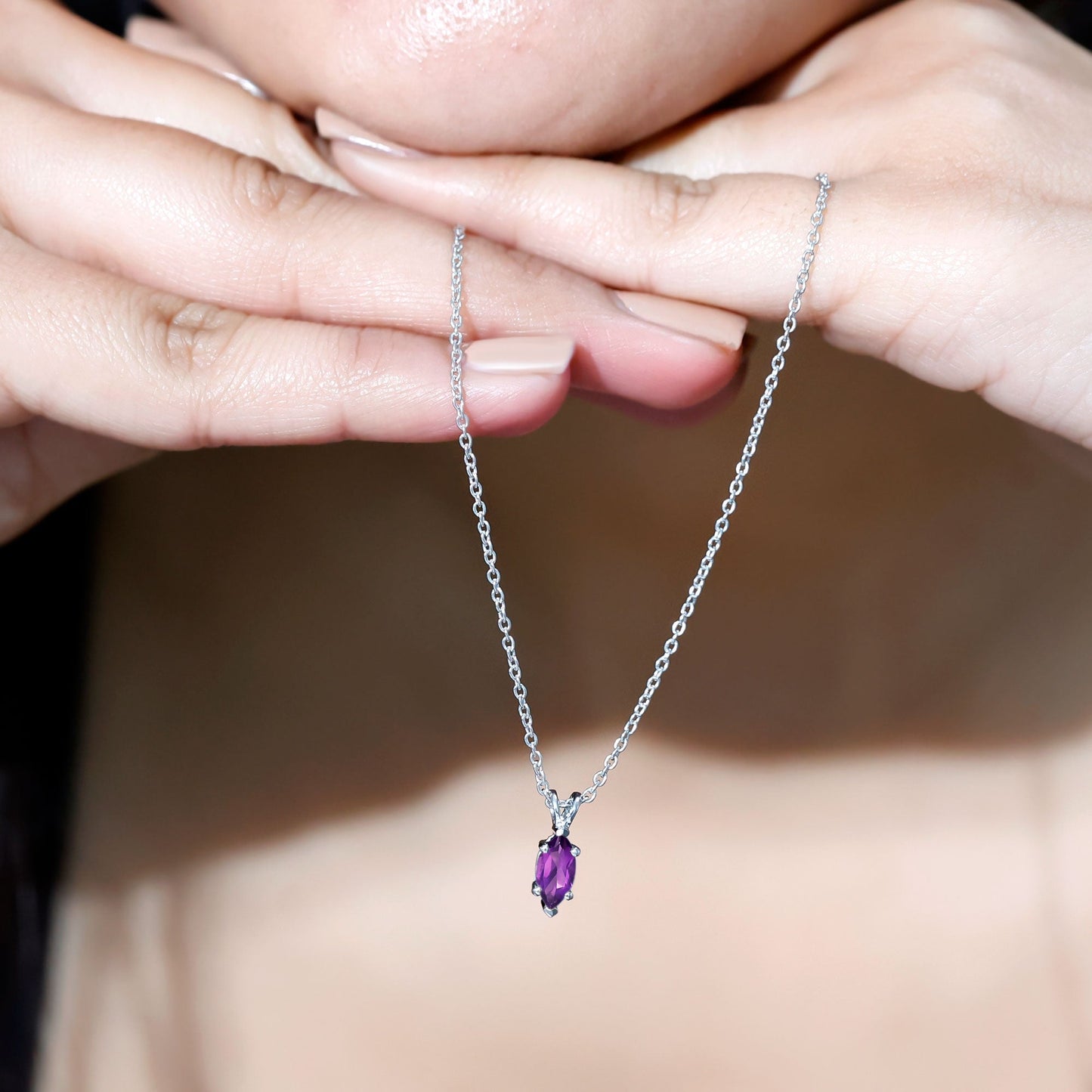 Genuine Marquise Cut Amethyst Solitaire Necklace with Silver Chain