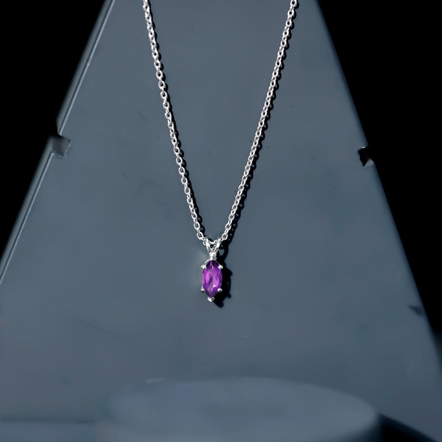 Genuine Marquise Cut Amethyst Solitaire Necklace with Silver Chain