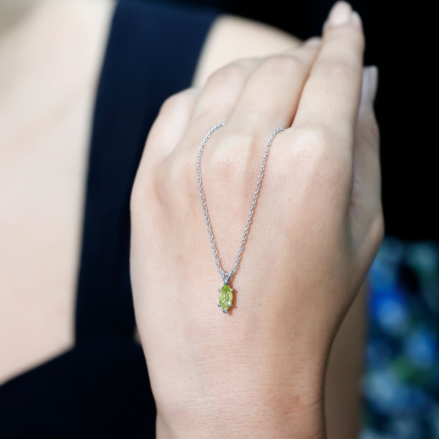 0.74 Carat Marquise Cut Peridot Birthstone Necklace with Silver Chain