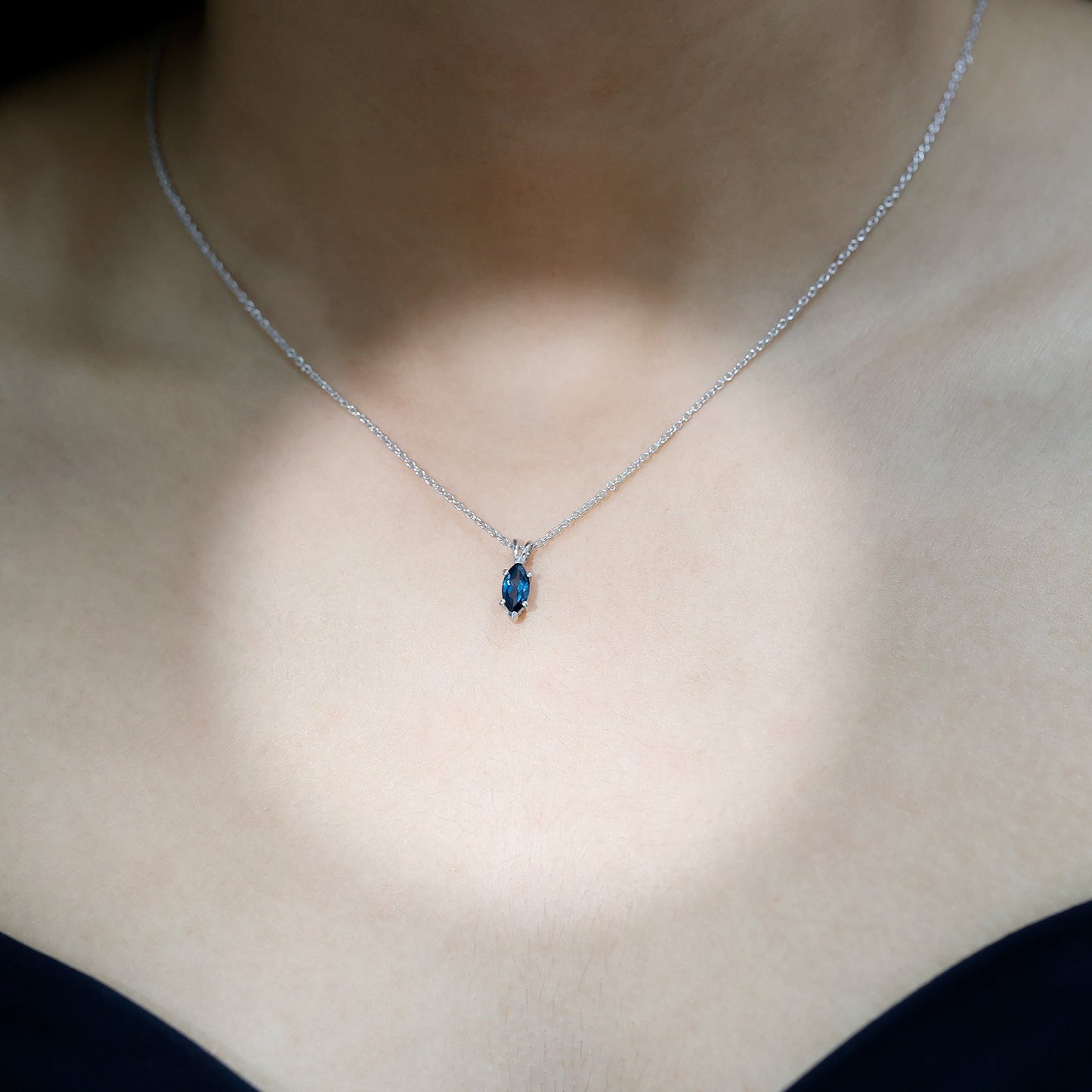Real 0.7 Carat Marquise London Blue Topaz Necklace with Silver Chain